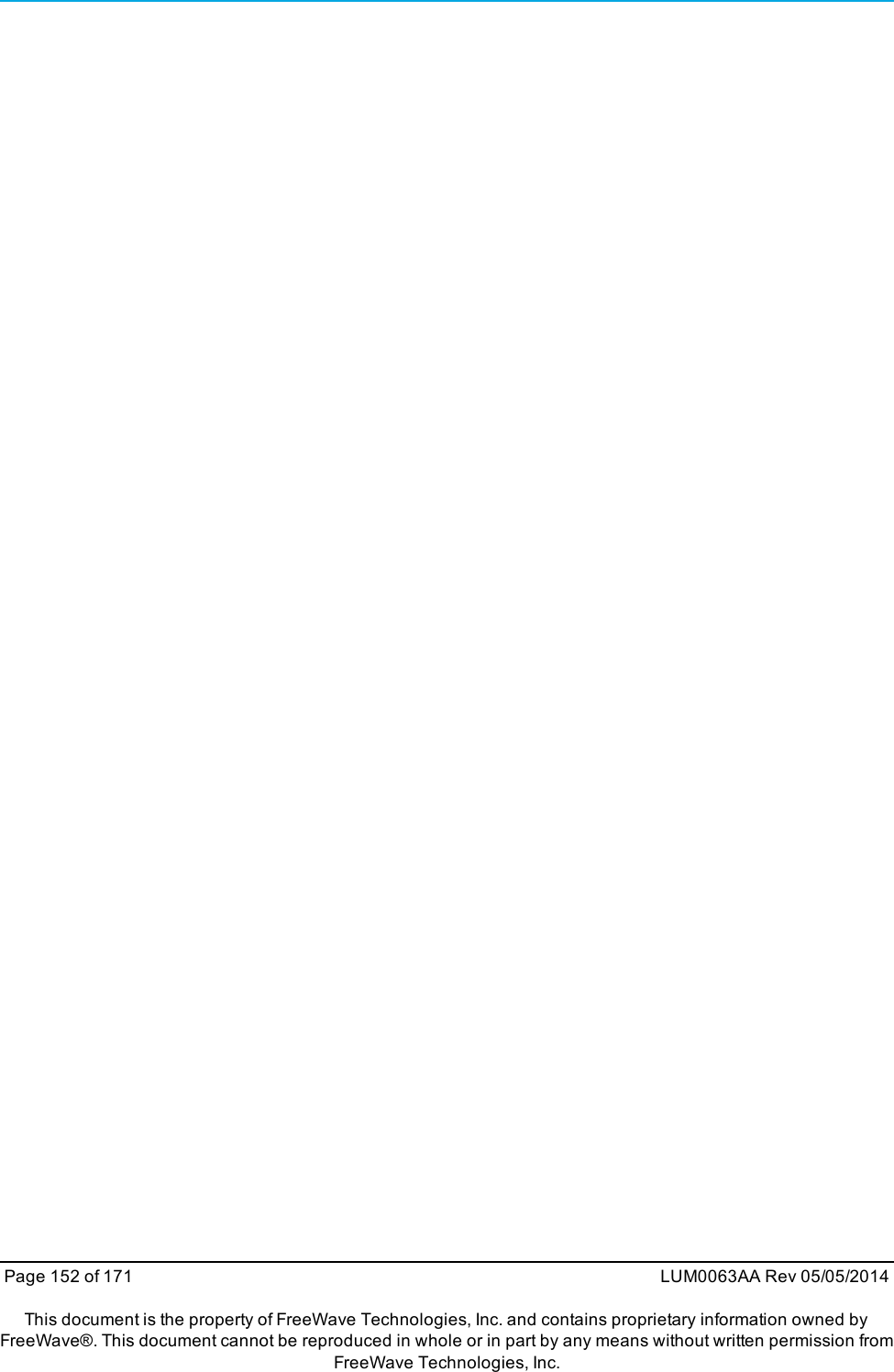 Page 152 of 171 LUM0063AA Rev 05/05/2014This document is the property of FreeWave Technologies, Inc. and contains proprietary information owned byFreeWave®. This document cannot be reproduced in whole or in part by any means without written permission fromFreeWave Technologies, Inc.