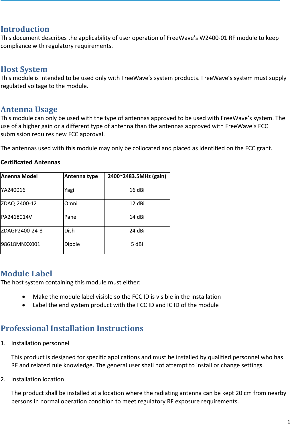  1   Introduction This document describes the applicability of user operation of FreeWave’s W2400-01 RF module to keep compliance with regulatory requirements. Host System This module is intended to be used only with FreeWave’s system products. FreeWave’s system must supply regulated voltage to the module. Antenna Usage This module can only be used with the type of antennas approved to be used with FreeWave’s system. The use of a higher gain or a different type of antenna than the antennas approved with FreeWave’s FCC submission requires new FCC approval.  The antennas used with this module may only be collocated and placed as identified on the FCC grant.  Certificated Antennas Anenna Model Antenna type 2400~2483.5MHz (gain) YA240016 Yagi 16 dBi ZDAQJ2400-12 Omni 12 dBi PA2418014V Panel 14 dBi ZDAGP2400-24-8 Dish 24 dBi 98618MNXX001 Dipole 5 dBi Module Label The host system containing this module must either: • Make the module label visible so the FCC ID is visible in the installation • Label the end system product with the FCC ID and IC ID of the module Professional Installation Instructions  1. Installation personnel  This product is designed for specific applications and must be installed by qualified personnel who has RF and related rule knowledge. The general user shall not attempt to install or change settings. 2. Installation location  The product shall be installed at a location where the radiating antenna can be kept 20 cm from nearby persons in normal operation condition to meet regulatory RF exposure requirements. 