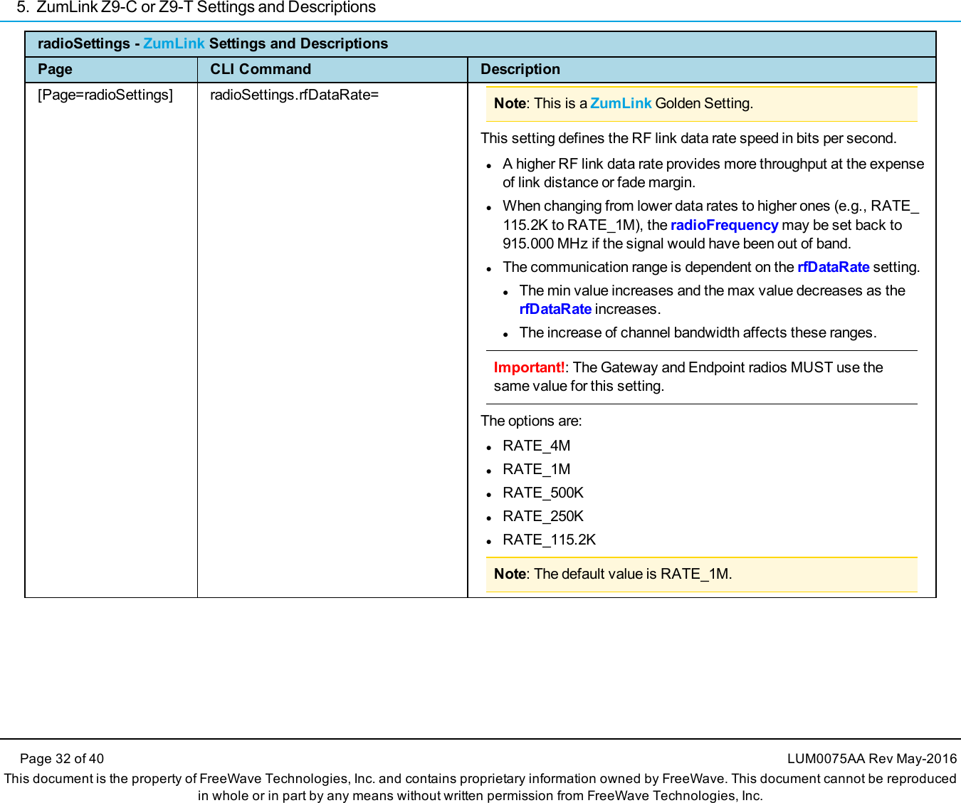 5. ZumLink Z9-C or Z9-T Settings and DescriptionsPage 32 of 40 LUM0075AA Rev May-2016This document is the property of FreeWave Technologies, Inc. and contains proprietary information owned by FreeWave. This document cannot be reproducedin whole or in part by any means without written permission from FreeWave Technologies, Inc.radioSettings - ZumLink Settings and DescriptionsPage CLI Command Description[Page=radioSettings] radioSettings.rfDataRate= Note: This is a ZumLink Golden Setting.This setting defines the RF link data rate speed in bits per second.lA higher RF link data rate provides more throughput at the expenseof link distance or fade margin.lWhen changing from lower data rates to higher ones (e.g., RATE_115.2K to RATE_1M), the radioFrequency may be set back to915.000 MHz if the signal would have been out of band.lThe communication range is dependent on the rfDataRate setting.lThe min value increases and the max value decreases as therfDataRate increases.lThe increase of channel bandwidth affects these ranges.Important!: The Gateway and Endpoint radios MUST use thesame value for this setting.The options are:lRATE_4MlRATE_1MlRATE_500KlRATE_250KlRATE_115.2KNote: The default value is RATE_1M.