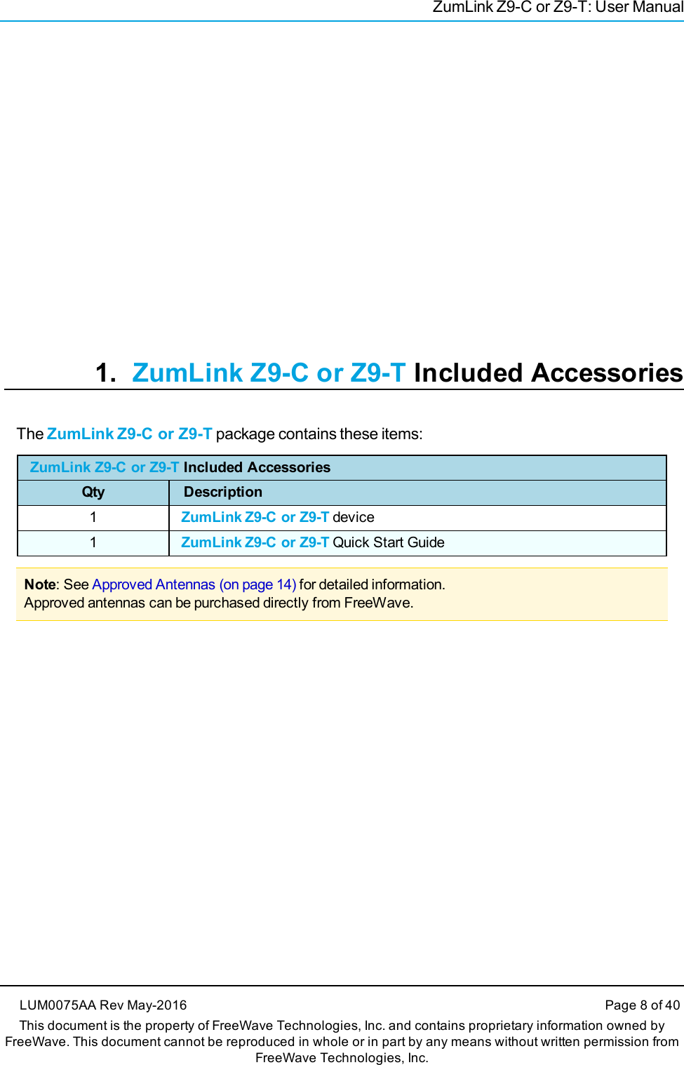 ZumLink Z9-C or Z9-T: User Manual1. ZumLink Z9-C or Z9-T Included AccessoriesThe ZumLink Z9-C or Z9-T package contains these items:ZumLink Z9-C or Z9-T Included AccessoriesQty Description1ZumLink Z9-C or Z9-T device1ZumLink Z9-C or Z9-T Quick Start GuideNote: See Approved Antennas (on page 14) for detailed information.Approved antennas can be purchased directly from FreeWave.LUM0075AA Rev May-2016 Page 8 of 40This document is the property of FreeWave Technologies, Inc. and contains proprietary information owned byFreeWave. This document cannot be reproduced in whole or in part by any means without written permission fromFreeWave Technologies, Inc.