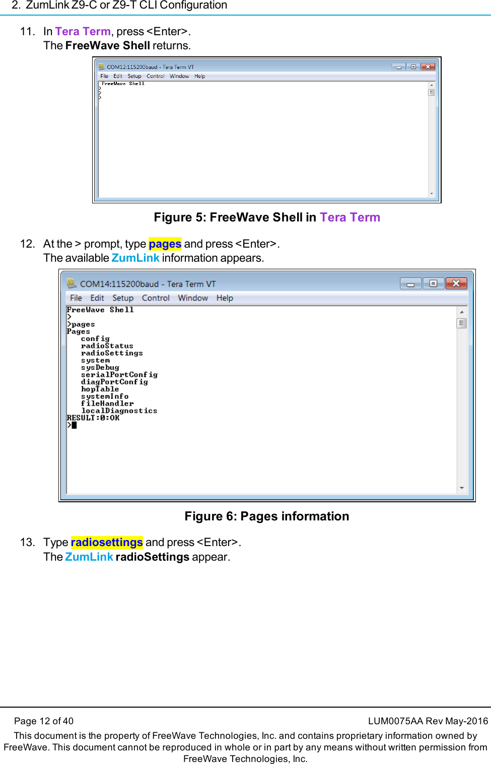 2. ZumLink Z9-C or Z9-T CLI ConfigurationPage 12 of 40 LUM0075AA Rev May-2016This document is the property of FreeWave Technologies, Inc. and contains proprietary information owned byFreeWave. This document cannot be reproduced in whole or in part by any means without written permission fromFreeWave Technologies, Inc.11. In Tera Term, press &lt;Enter&gt;.The FreeWave Shell returns.Figure 5: FreeWave Shell in Tera Term12. At the &gt; prompt, type pages and press &lt;Enter&gt;.The available ZumLink information appears.Figure 6: Pages information13. Type radiosettings and press &lt;Enter&gt;.The ZumLink radioSettings appear.