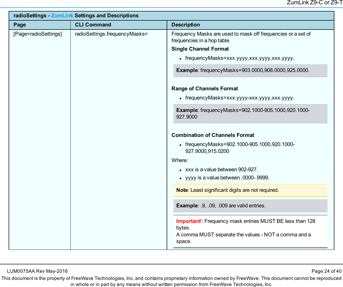 ZumLink Z9-C or Z9-TradioSettings - ZumLink Settings and DescriptionsPage CLI Command Description[Page=radioSettings] radioSettings.frequencyMasks= Frequency Masks are used to mask off frequencies or a set offrequencies in a hop table.Single Channel FormatlfrequencyMasks=xxx.yyyy,xxx.yyyy,xxx.yyyy.Example: frequencyMasks=903.0000,908.0000,925.0000.Range of Channels FormatlfrequencyMasks=xxx.yyyy-xxx.yyyy,xxx.yyyy.Example: frequencyMasks=902.1000-905.1000,920.1000-927.9000Combination of Channels FormatlfrequencyMasks=902.1000-905.1000,920.1000-927.9000,915.0200Where:lxxx is a value between 902-927.lyyyy is a value between .0000-.9999.Note: Least significant digits are not required.Example: .9, .09, .009 are valid entries.Important!: Frequency mask entries MUST BE less than 128bytes.A comma MUST separate the values - NOT a comma and aspace.LUM0075AA Rev May-2016 Page 24 of 40This document is the property of FreeWave Technologies, Inc. and contains proprietary information owned by FreeWave. This document cannot be reproducedin whole or in part by any means without written permission from FreeWave Technologies, Inc.