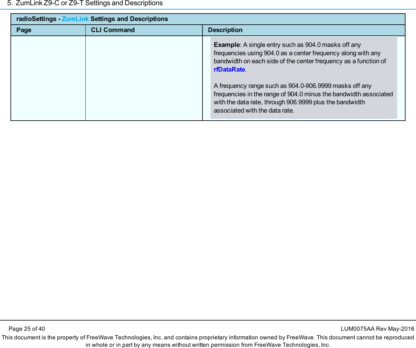 5. ZumLink Z9-C or Z9-T Settings and DescriptionsPage 25 of 40 LUM0075AA Rev May-2016This document is the property of FreeWave Technologies, Inc. and contains proprietary information owned by FreeWave. This document cannot be reproducedin whole or in part by any means without written permission from FreeWave Technologies, Inc.radioSettings - ZumLink Settings and DescriptionsPage CLI Command DescriptionExample: A single entry such as 904.0 masks off anyfrequencies using 904.0 as a center frequency along with anybandwidth on each side of the center frequency as a function ofrfDataRate.A frequency range such as 904.0-906.9999 masks off anyfrequencies in the range of 904.0 minus the bandwidth associatedwith the data rate, through 906.9999 plus the bandwidthassociated with the data rate.