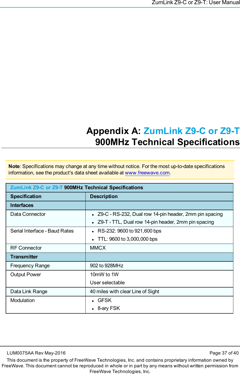 ZumLink Z9-C or Z9-T: User ManualAppendix A: ZumLink Z9-C or Z9-T900MHz Technical SpecificationsNote: Specifications may change at any time without notice. For the most up-to-date specificationsinformation, see the product&apos;s data sheet available at www.freewave.com.ZumLink Z9-C or Z9-T 900MHz Technical SpecificationsSpecification DescriptionInterfacesData Connector lZ9-C - RS-232, Dual row 14-pin header, 2mm pin spacinglZ9-T - TTL, Dual row 14-pin header, 2mm pin spacingSerial Interface - Baud Rates lRS-232: 9600 to 921,600 bpslTTL: 9600 to 3,000,000 bpsRF Connector MMCXTransmitterFrequency Range 902 to 928MHzOutput Power 10mW to 1WUser selectableData Link Range 40 miles with clear Line of SightModulation lGFSKl8-ary FSKLUM0075AA Rev May-2016 Page 37 of 40This document is the property of FreeWave Technologies, Inc. and contains proprietary information owned byFreeWave. This document cannot be reproduced in whole or in part by any means without written permission fromFreeWave Technologies, Inc.