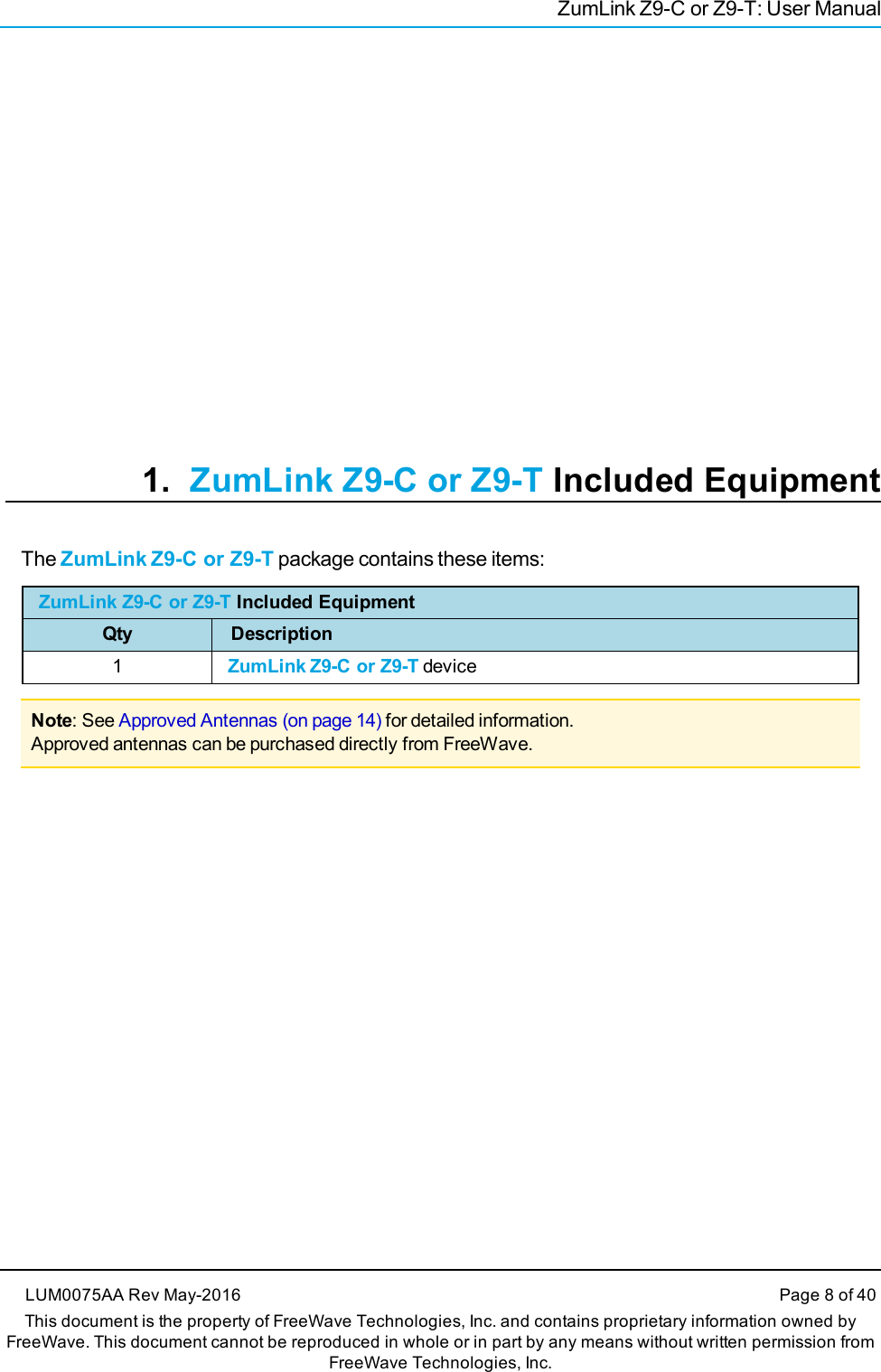 ZumLink Z9-C or Z9-T: User Manual1. ZumLink Z9-C or Z9-T Included EquipmentThe ZumLink Z9-C or Z9-T package contains these items:ZumLink Z9-C or Z9-T Included EquipmentQty Description1ZumLink Z9-C or Z9-T deviceNote: See Approved Antennas (on page 14) for detailed information.Approved antennas can be purchased directly from FreeWave.LUM0075AA Rev May-2016 Page 8 of 40This document is the property of FreeWave Technologies, Inc. and contains proprietary information owned byFreeWave. This document cannot be reproduced in whole or in part by any means without written permission fromFreeWave Technologies, Inc.