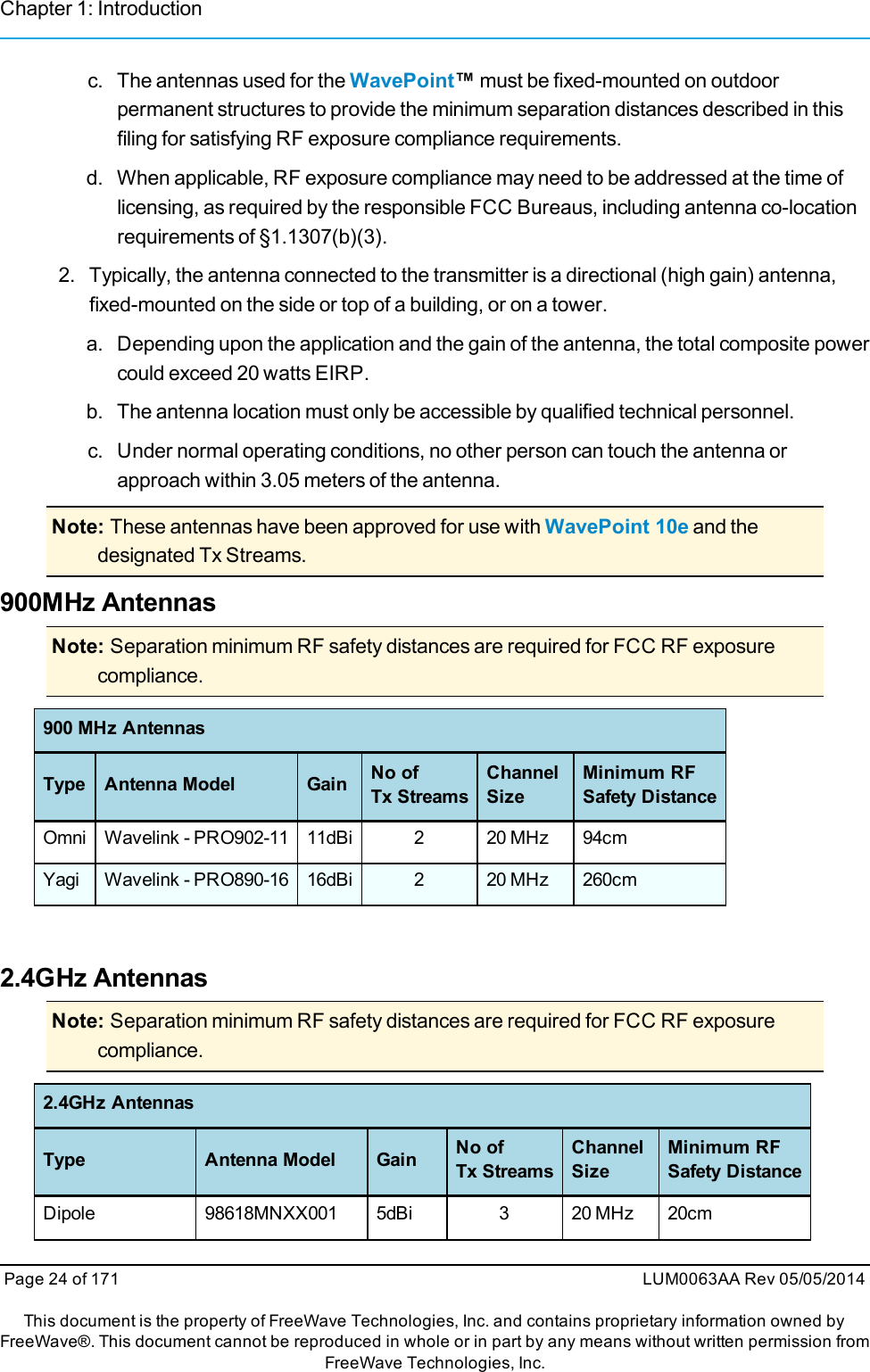 Chapter 1: Introductionc. The antennas used for the WavePoint™must be fixed-mounted on outdoorpermanent structures to provide the minimum separation distances described in thisfiling for satisfying RF exposure compliance requirements.d. When applicable, RF exposure compliance may need to be addressed at the time oflicensing, as required by the responsible FCC Bureaus, including antenna co-locationrequirements of §1.1307(b)(3).2. Typically, the antenna connected to the transmitter is a directional (high gain) antenna,fixed-mounted on the side or top of a building, or on a tower.a. Depending upon the application and the gain of the antenna, the total composite powercould exceed 20 watts EIRP.b. The antenna location must only be accessible by qualified technical personnel.c. Under normal operating conditions, no other person can touch the antenna orapproach within 3.05 meters of the antenna.Note: These antennas have been approved for use with WavePoint 10e and thedesignated Tx Streams.900MHz AntennasNote: Separation minimum RF safety distances are required for FCC RF exposurecompliance.900 MHz AntennasType Antenna Model Gain No ofTx StreamsChannelSizeMinimum RFSafety DistanceOmni Wavelink - PRO902-11 11dBi 2 20 MHz 94cmYagi Wavelink - PRO890-16 16dBi 2 20 MHz 260cm2.4GHz AntennasNote: Separation minimum RF safety distances are required for FCC RF exposurecompliance.2.4GHz AntennasType Antenna Model Gain No ofTx StreamsChannelSizeMinimum RFSafety DistanceDipole 98618MNXX001 5dBi 3 20 MHz 20cmPage 24 of 171 LUM0063AA Rev 05/05/2014This document is the property of FreeWave Technologies, Inc. and contains proprietary information owned byFreeWave®. This document cannot be reproduced in whole or in part by any means without written permission fromFreeWave Technologies, Inc.