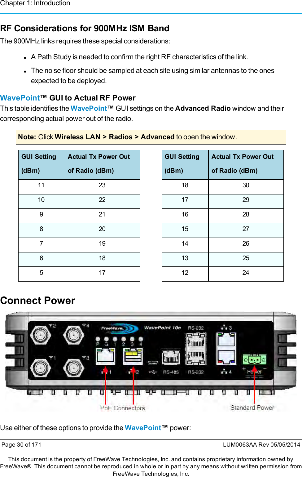 Chapter 1: IntroductionRF Considerations for 900MHz ISM BandThe 900MHz links requires these special considerations:lA Path Study is needed to confirm the right RF characteristics of the link.lThe noise floor should be sampled at each site using similar antennas to the onesexpected to be deployed.WavePoint™ GUI to Actual RF PowerThis table identifies the WavePoint™GUI settings on the Advanced Radio window and theircorresponding actual power out of the radio.Note: Click Wireless LAN &gt; Radios &gt; Advanced to open the window.GUI Setting(dBm)Actual Tx Power Outof Radio (dBm)11 2310 229 218 207 196 185 17GUI Setting(dBm)Actual Tx Power Outof Radio (dBm)18 3017 2916 2815 2714 2613 2512 24Connect PowerUse either of these options to provide the WavePoint™power:Page 30 of 171 LUM0063AA Rev 05/05/2014This document is the property of FreeWave Technologies, Inc. and contains proprietary information owned byFreeWave®. This document cannot be reproduced in whole or in part by any means without written permission fromFreeWave Technologies, Inc.