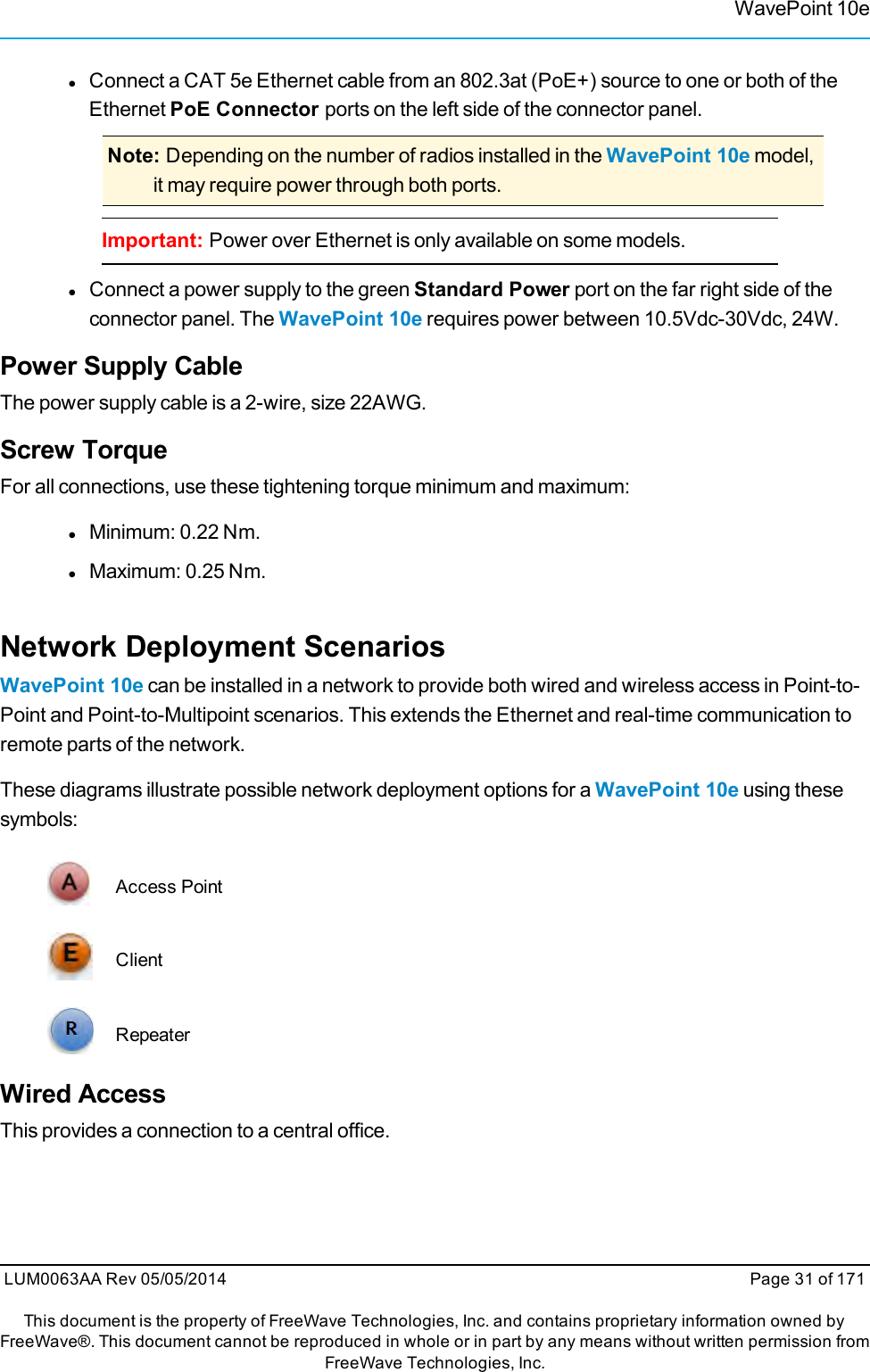WavePoint 10elConnect a CAT 5e Ethernet cable from an 802.3at (PoE+) source to one or both of theEthernet PoE Connector ports on the left side of the connector panel.Note: Depending on the number of radios installed in the WavePoint 10e model,it may require power through both ports.Important: Power over Ethernet is only available on some models.lConnect a power supply to the green Standard Power port on the far right side of theconnector panel. The WavePoint 10e requires power between 10.5Vdc-30Vdc, 24W.Power Supply CableThe power supply cable is a 2-wire, size 22AWG.Screw TorqueFor all connections, use these tightening torque minimum and maximum:lMinimum: 0.22 Nm.lMaximum: 0.25 Nm.Network Deployment ScenariosWavePoint 10e can be installed in a network to provide both wired and wireless access in Point-to-Point and Point-to-Multipoint scenarios. This extends the Ethernet and real-time communication toremote parts of the network.These diagrams illustrate possible network deployment options for a WavePoint 10e using thesesymbols:Access PointClientRepeaterWired AccessThis provides a connection to a central office.LUM0063AA Rev 05/05/2014 Page 31 of 171This document is the property of FreeWave Technologies, Inc. and contains proprietary information owned byFreeWave®. This document cannot be reproduced in whole or in part by any means without written permission fromFreeWave Technologies, Inc.
