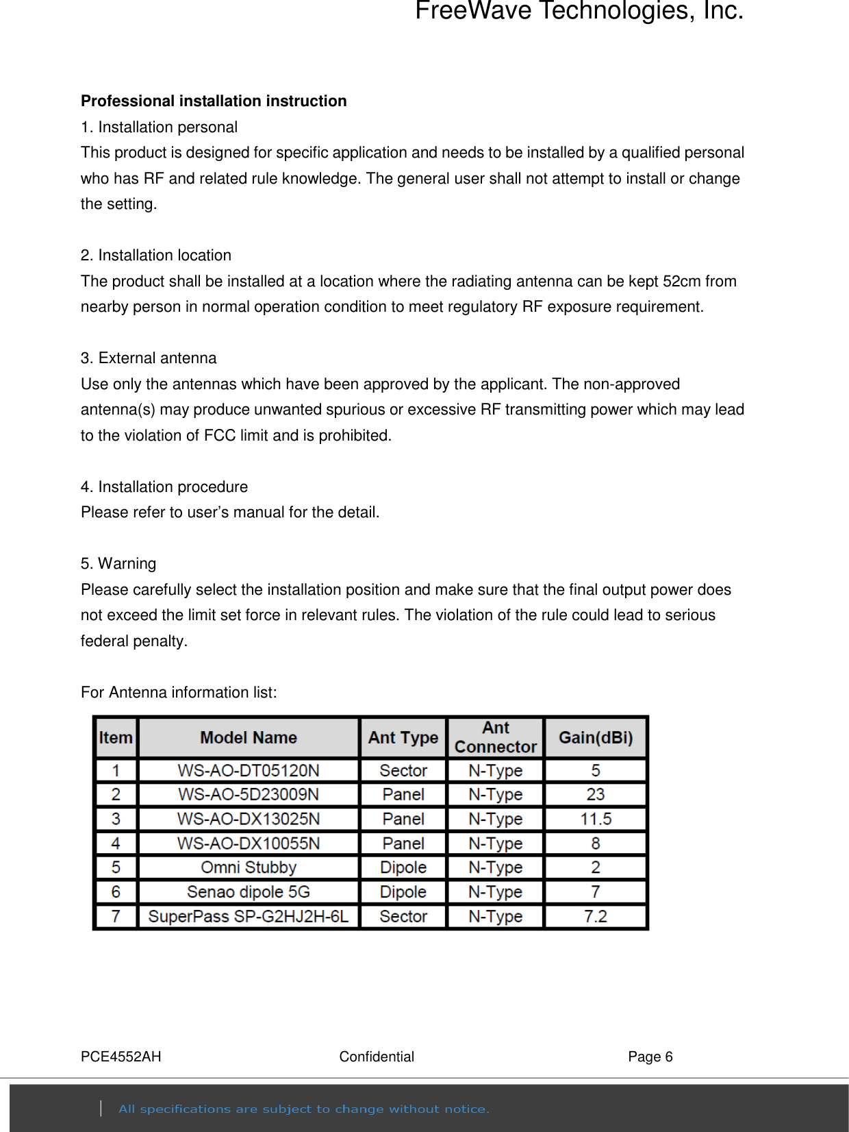 FreeWave Technologies, Inc. PCE4552AH  Confidential  Page 6 Professional installation instruction 1. Installation personal   This product is designed for specific application and needs to be installed by a qualified personal who has RF and related rule knowledge. The general user shall not attempt to install or change the setting.  2. Installation location   The product shall be installed at a location where the radiating antenna can be kept 52cm from nearby person in normal operation condition to meet regulatory RF exposure requirement.  3. External antenna   Use only the antennas which have been approved by the applicant. The non-approved antenna(s) may produce unwanted spurious or excessive RF transmitting power which may lead to the violation of FCC limit and is prohibited.  4. Installation procedure   Please refer to user’s manual for the detail.  5. Warning   Please carefully select the installation position and make sure that the final output power does not exceed the limit set force in relevant rules. The violation of the rule could lead to serious federal penalty.  For Antenna information list:                            