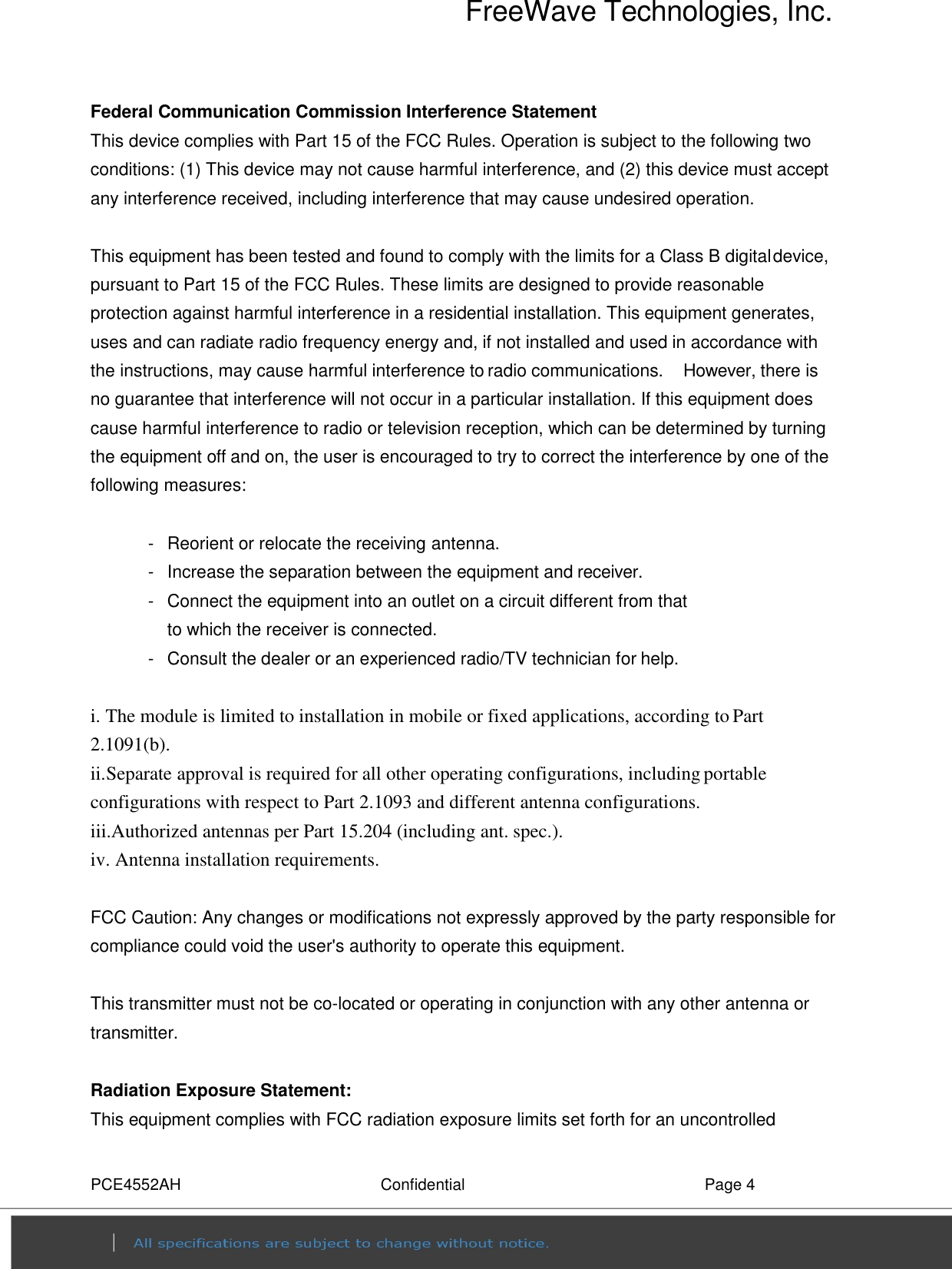 Page 4 of FreeWave Technologies PRW5000AC Wireless 802.11ac/b/g/n access point User Manual PCE4552AH specification v0 2