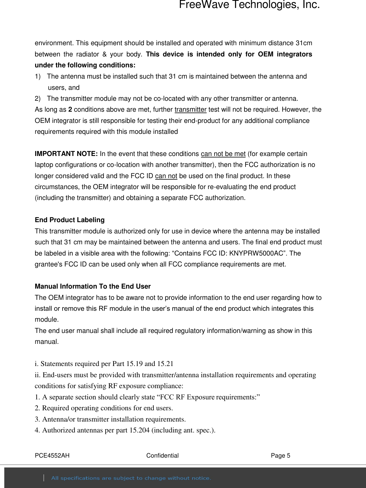 Page 5 of FreeWave Technologies PRW5000AC Wireless 802.11ac/b/g/n access point User Manual PCE4552AH specification v0 2