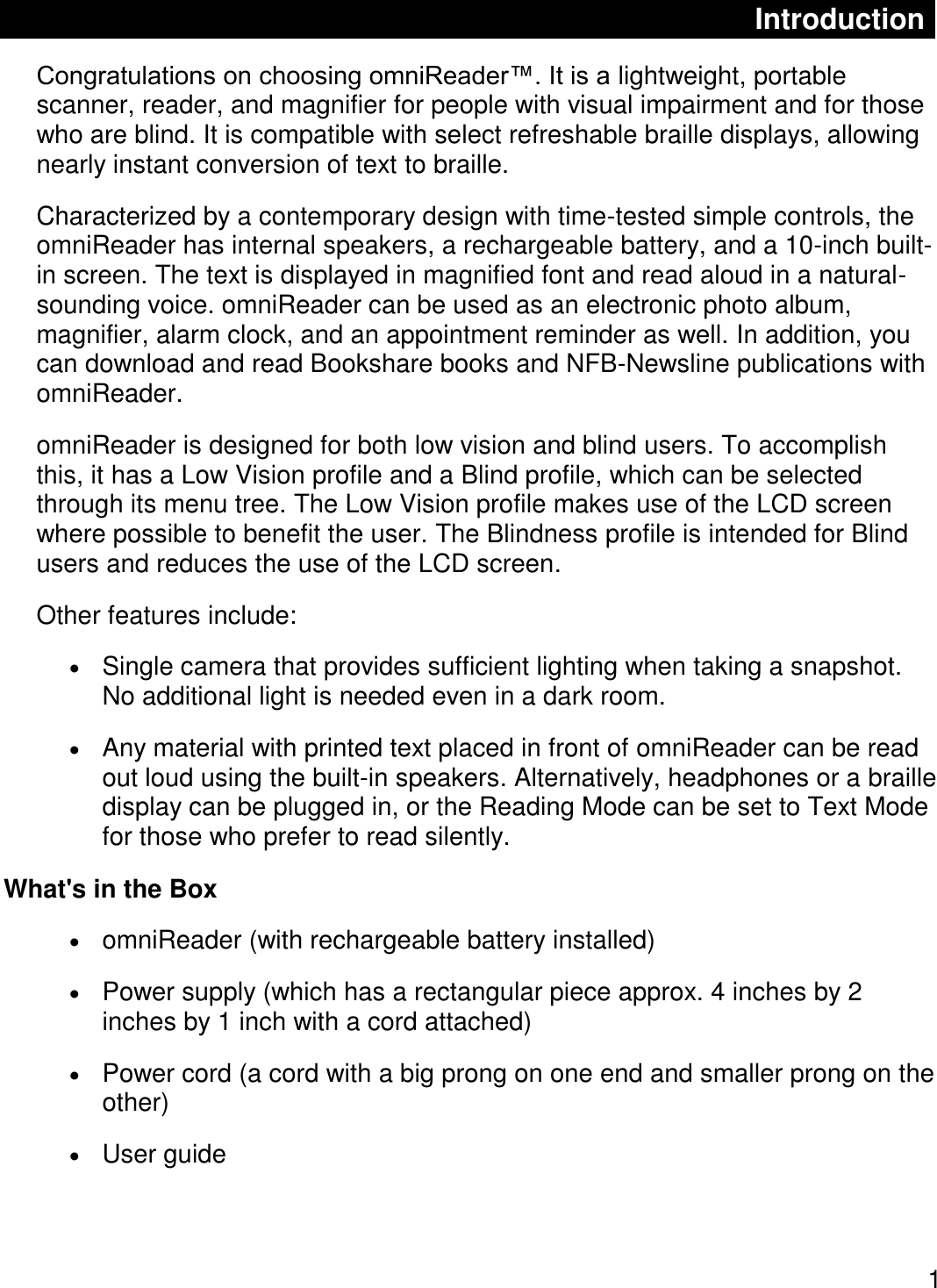 Page 4 of Freedom Scientific BLV Group 10025 omniReader User Manual 