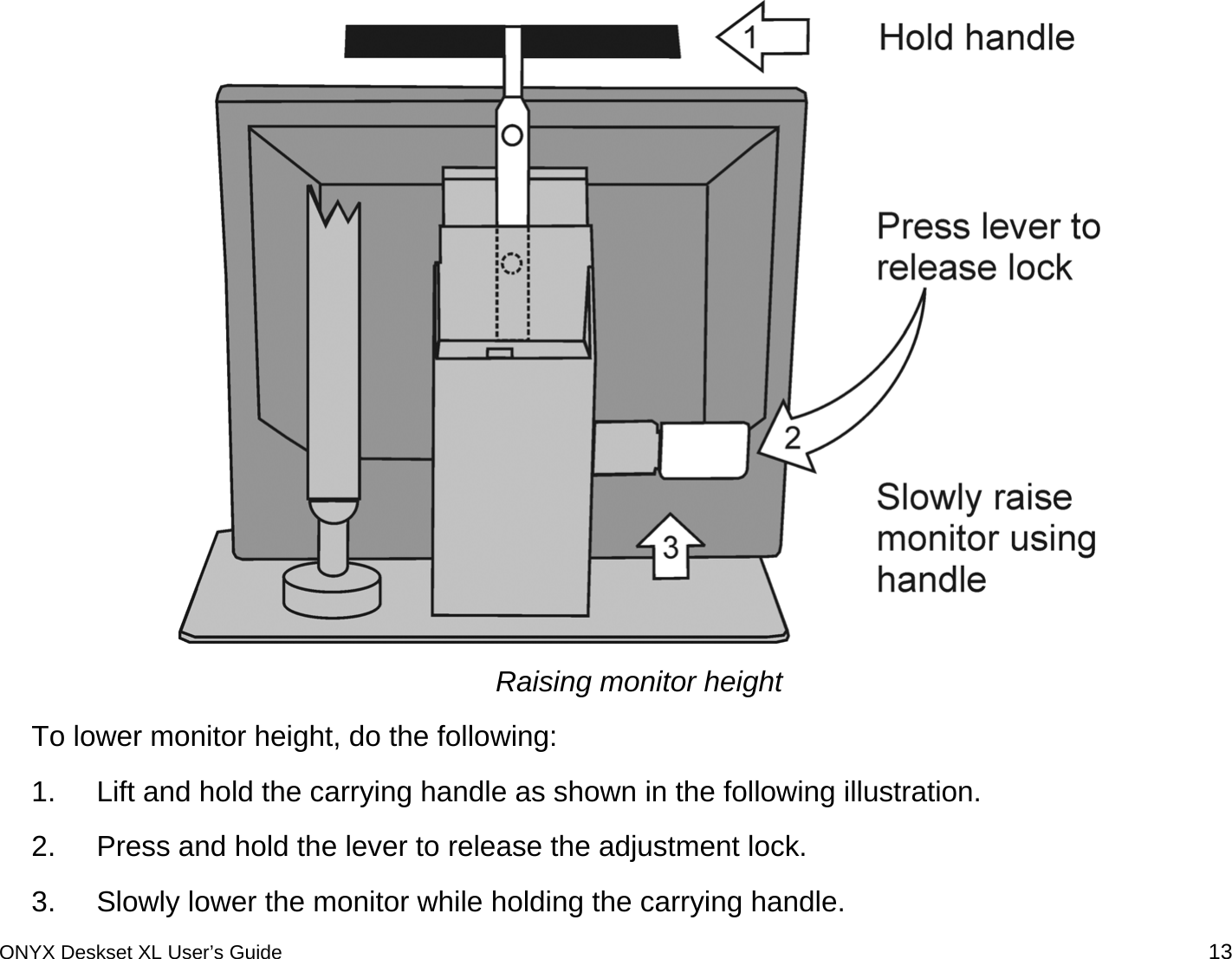   Raising monitor height To lower monitor height, do the following: 1.  Lift and hold the carrying handle as shown in the following illustration. 2.  Press and hold the lever to release the adjustment lock. 3.  Slowly lower the monitor while holding the carrying handle.  ONYX Deskset XL User&rsquo;s Guide 13 