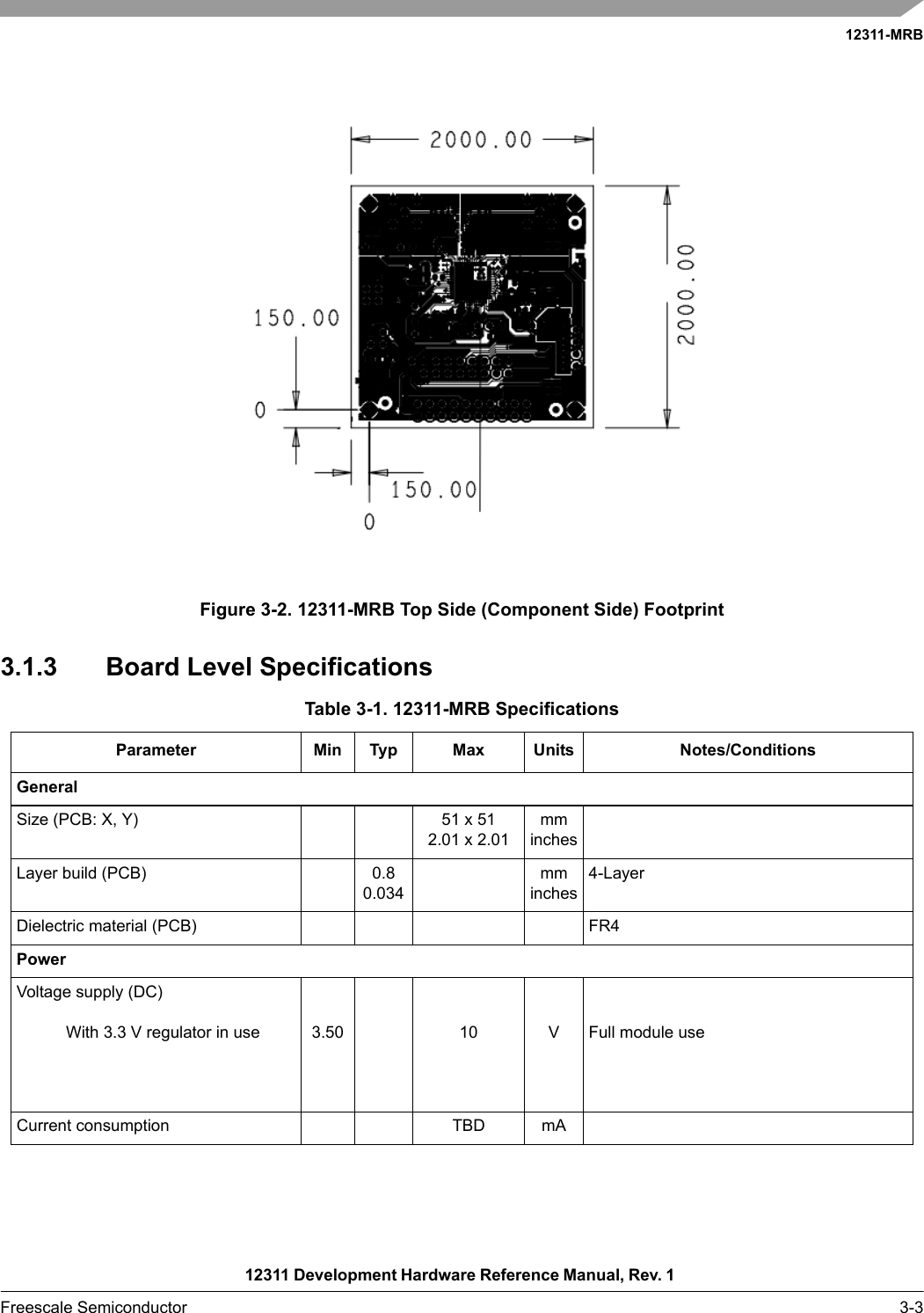 12311-MRB12311 Development Hardware Reference Manual, Rev. 1 Freescale Semiconductor 3-3 Figure 3-2. 12311-MRB Top Side (Component Side) Footprint3.1.3 Board Level SpecificationsTable 3-1. 12311-MRB SpecificationsParameter Min Typ Max Units Notes/ConditionsGeneralSize (PCB: X, Y) 51 x 512.01 x 2.01mminchesLayer build (PCB) 0.80.034mminches4-LayerDielectric material (PCB) FR4PowerVoltage supply (DC)With 3.3 V regulator in use 3.50 10 V Full module useCurrent consumption TBD mA