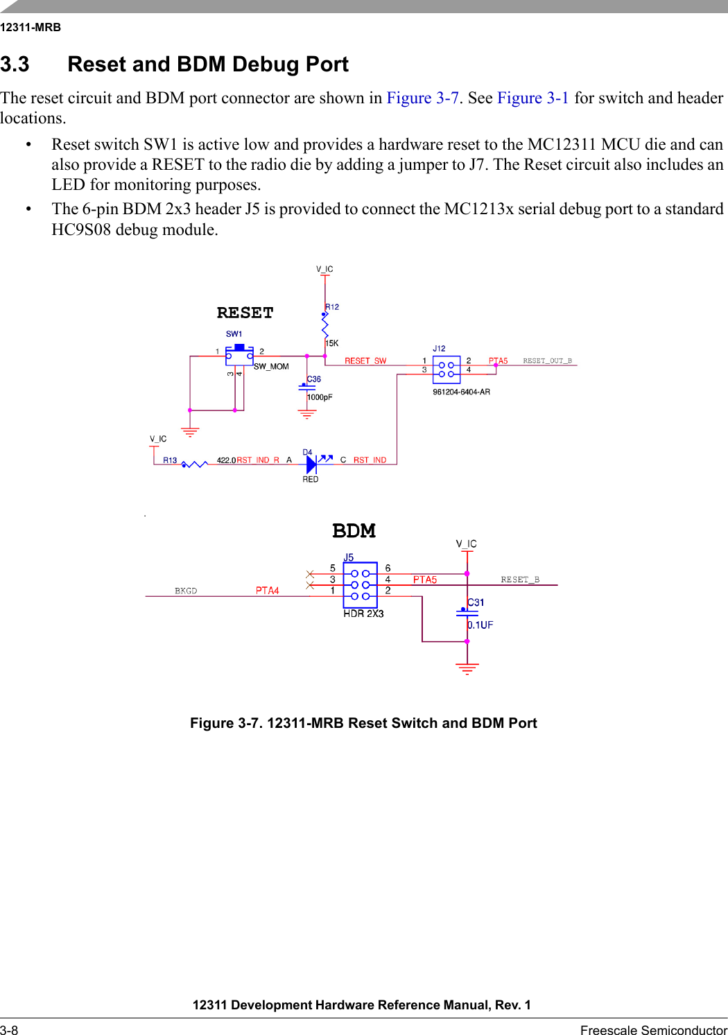 12311-MRB12311 Development Hardware Reference Manual, Rev. 1 3-8 Freescale Semiconductor3.3 Reset and BDM Debug PortThe reset circuit and BDM port connector are shown in Figure 3-7. See Figure 3-1 for switch and header locations.• Reset switch SW1 is active low and provides a hardware reset to the MC12311 MCU die and can also provide a RESET to the radio die by adding a jumper to J7. The Reset circuit also includes an LED for monitoring purposes.• The 6-pin BDM 2x3 header J5 is provided to connect the MC1213x serial debug port to a standard HC9S08 debug module.Figure 3-7. 12311-MRB Reset Switch and BDM Port
