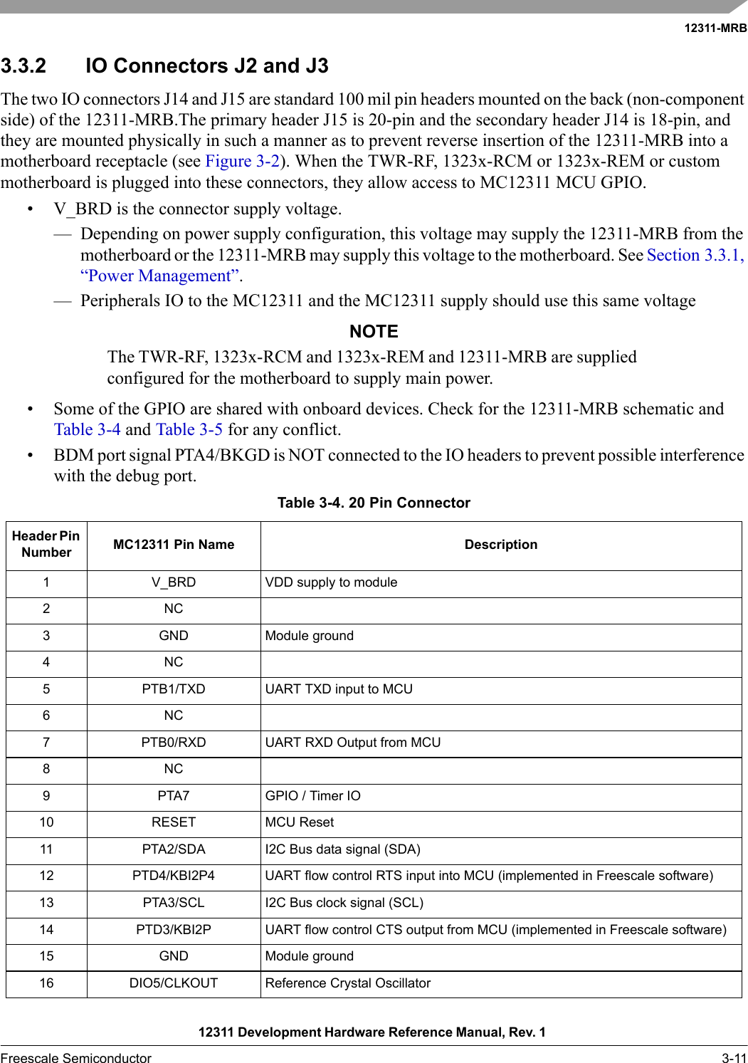 12311-MRB12311 Development Hardware Reference Manual, Rev. 1 Freescale Semiconductor 3-113.3.2 IO Connectors J2 and J3The two IO connectors J14 and J15 are standard 100 mil pin headers mounted on the back (non-component side) of the 12311-MRB.The primary header J15 is 20-pin and the secondary header J14 is 18-pin, and they are mounted physically in such a manner as to prevent reverse insertion of the 12311-MRB into a motherboard receptacle (see Figure 3-2). When the TWR-RF, 1323x-RCM or 1323x-REM or custom motherboard is plugged into these connectors, they allow access to MC12311 MCU GPIO.• V_BRD is the connector supply voltage.— Depending on power supply configuration, this voltage may supply the 12311-MRB from the motherboard or the 12311-MRB may supply this voltage to the motherboard. See Section 3.3.1, “Power Management”.— Peripherals IO to the MC12311 and the MC12311 supply should use this same voltageNOTEThe TWR-RF, 1323x-RCM and 1323x-REM and 12311-MRB are supplied configured for the motherboard to supply main power.• Some of the GPIO are shared with onboard devices. Check for the 12311-MRB schematic and Table 3-4 and Table 3-5 for any conflict.• BDM port signal PTA4/BKGD is NOT connected to the IO headers to prevent possible interference with the debug port.Table 3-4. 20 Pin ConnectorHeader Pin Number MC12311 Pin Name Description1 V_BRD VDD supply to module2NC3 GND Module ground4NC5 PTB1/TXD UART TXD input to MCU6NC7 PTB0/RXD UART RXD Output from MCU8NC9 PTA7 GPIO / Timer IO10 RESET MCU Reset11 PTA2/SDA I2C Bus data signal (SDA)12 PTD4/KBI2P4 UART flow control RTS input into MCU (implemented in Freescale software)13 PTA3/SCL I2C Bus clock signal (SCL)14 PTD3/KBI2P UART flow control CTS output from MCU (implemented in Freescale software)15 GND Module ground16 DIO5/CLKOUT Reference Crystal Oscillator