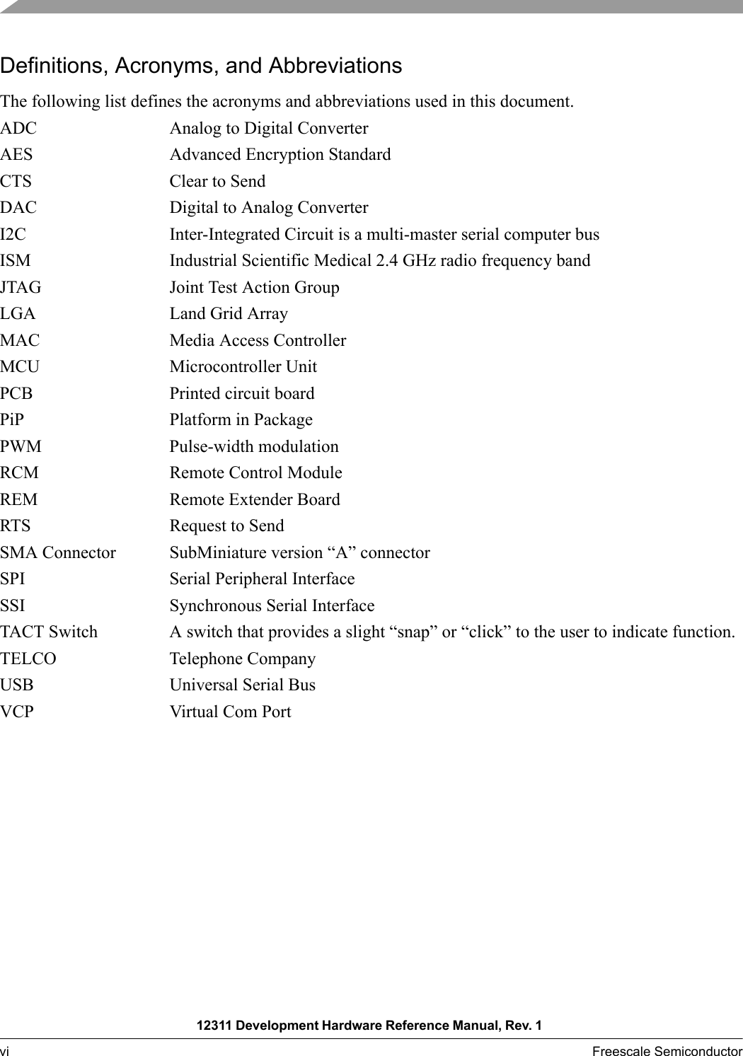 12311 Development Hardware Reference Manual, Rev. 1 vi Freescale Semiconductor Definitions, Acronyms, and AbbreviationsThe following list defines the acronyms and abbreviations used in this document. ADC Analog to Digital ConverterAES Advanced Encryption StandardCTS Clear to SendDAC Digital to Analog ConverterI2C Inter-Integrated Circuit is a multi-master serial computer busISM Industrial Scientific Medical 2.4 GHz radio frequency bandJTAG Joint Test Action GroupLGA Land Grid ArrayMAC Media Access ControllerMCU Microcontroller UnitPCB Printed circuit boardPiP Platform in PackagePWM Pulse-width modulation RCM Remote Control ModuleREM Remote Extender BoardRTS Request to SendSMA Connector SubMiniature version “A” connector SPI Serial Peripheral InterfaceSSI Synchronous Serial InterfaceTACT Switch A switch that provides a slight “snap” or “click” to the user to indicate function.TELCO Telephone CompanyUSB Universal Serial BusVCP Virtual Com Port