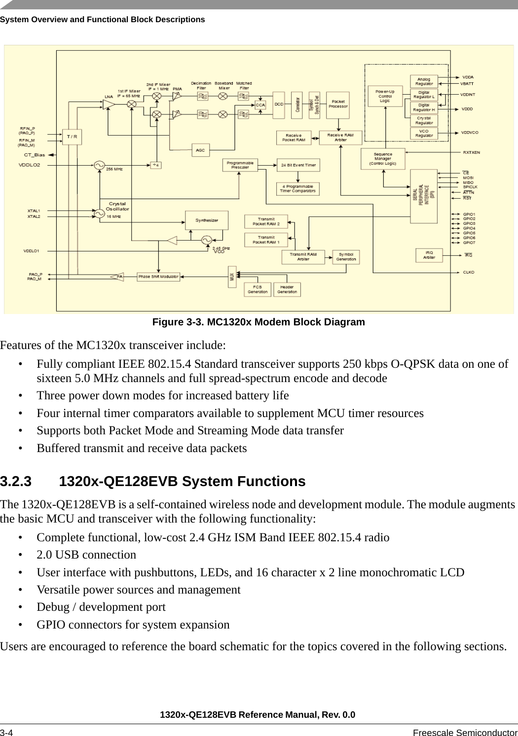 System Overview and Functional Block Descriptions1320x-QE128EVB Reference Manual, Rev. 0.0 3-4 Freescale SemiconductorFigure 3-3. MC1320x Modem Block DiagramFeatures of the MC1320x transceiver include:• Fully compliant IEEE 802.15.4 Standard transceiver supports 250 kbps O-QPSK data on one of sixteen 5.0 MHz channels and full spread-spectrum encode and decode• Three power down modes for increased battery life• Four internal timer comparators available to supplement MCU timer resources• Supports both Packet Mode and Streaming Mode data transfer• Buffered transmit and receive data packets3.2.3 1320x-QE128EVB System FunctionsThe 1320x-QE128EVB is a self-contained wireless node and development module. The module augments the basic MCU and transceiver with the following functionality:• Complete functional, low-cost 2.4 GHz ISM Band IEEE 802.15.4 radio• 2.0 USB connection• User interface with pushbuttons, LEDs, and 16 character x 2 line monochromatic LCD• Versatile power sources and management• Debug / development port• GPIO connectors for system expansionUsers are encouraged to reference the board schematic for the topics covered in the following sections.