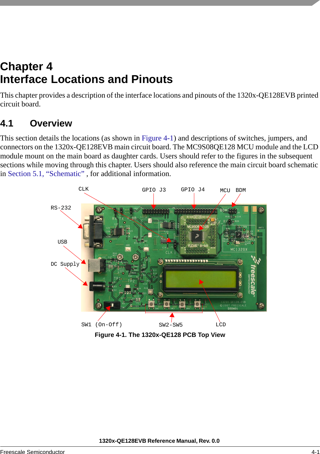 1320x-QE128EVB Reference Manual, Rev. 0.0 Freescale Semiconductor 4-1Chapter 4  Interface Locations and PinoutsThis chapter provides a description of the interface locations and pinouts of the 1320x-QE128EVB printed circuit board. 4.1 OverviewThis section details the locations (as shown in Figure 4-1) and descriptions of switches, jumpers, and connectors on the 1320x-QE128EVB main circuit board. The MC9S08QE128 MCU module and the LCD module mount on the main board as daughter cards. Users should refer to the figures in the subsequent sections while moving through this chapter. Users should also reference the main circuit board schematic in Section 5.1, “Schematic” , for additional information.Figure 4-1. The 1320x-QE128 PCB Top ViewLCDCLK GPIO J3 GPIO J4 MCU BDMSW2-SW5RS-232USBDC SupplySW1 (On-Off)