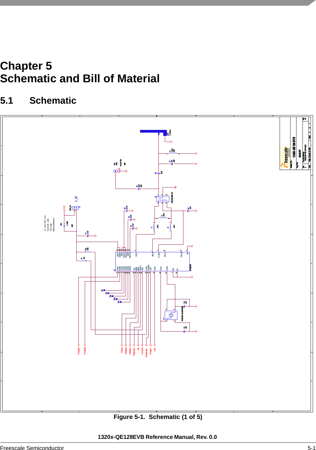 1320x-QE128EVB Reference Manual, Rev. 0.0 Freescale Semiconductor 5-1Chapter 5  Schematic and Bill of Material5.1 SchematicFigure 5-1.  Schematic (1 of 5)5544332211D DC CB BA AV_RFPTC3/GPIO1PTC4/GPIO2PTB5/SS1PTB4/MISO 1PTB3/MOSI 1PTB2/SPSCK 1IRQPTC1/ATTNPTC2/RXTXENPTC0/RSTCLKODrawing Title:Size Document Number RevDate: Sheet ofPage Title:SCH-23731 PDF: SPF-23731 B11320X-QE128-EVBCFriday, February 01, 200813202-RF37Drawing Title:Size Document Number RevDate: Sheet ofPage Title:SCH-23731 PDF: SPF-23731 B11320X-QE128-EVBCFriday, February 01, 200813202-RF37Drawing Title:Size Document Number RevDate: Sheet ofPage Title:SCH-23731 PDF: SPF-23731 B11320X-QE128-EVBCFriday, February 01, 200813202-RF37V_RFJ1 and R20 forCurrent andVoltageMeasurementsR200 OHMDNPR200 OHMDNPANT1F_AntennaANT1F_AntennaU1MC13202FCU1MC13202FC/ATTN14/CE19CLKO15GPIO111GPIO210GPIO39GPIO48GPIO725GPIO523GPIO624/IRQ20MISO18MOSI17PAO_M 6PAO_P 5RIN_M 1RIN_P 2/RST12 RXTXEN13SM7SPICLK16NC 4CT_Bias 3XTAL126XTAL227VBATT 31VDDA 32VDDD 21VDDINT 22VDDLO1 29VDDLO2 28VDDVCO 30EP33C30.1UFC30.1UFTP8TP8C40.1UFC40.1UFL43.9nHDNPL43.9nHDNP12L31.8nHL31.8nH1 2R110KR110KC610PFC610PFC20.1UFC20.1UFTP9TP9L11.8nHL11.8nH1 2CN1SMA142-0701-801DNPCN1SMA142-0701-801DNPC108PFC108PFC10.1UFC10.1UFY1NX3225SA-16.000000MHZY1NX3225SA-16.000000MHZ1 432C98PFC98PFTP10TP10J1HDR_2X1J1HDR_2X112L23.9nHL23.9nH12C810PFC810PFZ1LDB212G4005C-001Z1LDB212G4005C-001516234C510PFDNPC510PFDNPR46470KR46470KTP11TP11C71PFDNPC71PFDNPTP7TP7