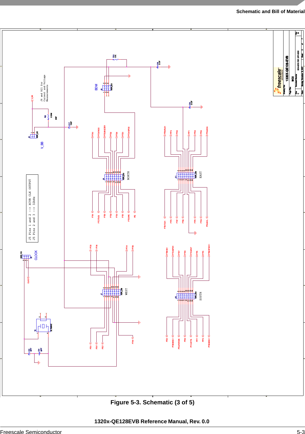 Schematic and Bill of Material1320x-QE128EVB Reference Manual, Rev. 0.0 Freescale Semiconductor 5-3Figure 5-3. Schematic (3 of 5)5544332211D DC CB BA APTD1PTH7PTE7PTH0PTE5PTB4/MISO 1PTC2/RXTXENPTD6PTC1/ATTNPTF7PTF5PTB3/MOSI 1PTA1PTC7/TxD2PTE3PTG3PTG1PTE1PTC5/WCIRQPTD0PTH6CLKOPTH1PTE6PTB5/SS1PTC3/GPIO1PTD7PTD5PTC0/RSTPTF6PTF4PTB2/SPSCK 1PTA0PTC6/RxD2PTE2/BUZZERPTG2PTG0PTE0PTC4/GPIO2PTB1/TxD1PTF3PTA7PTE4PTF0PTD3PTA3/SCLPTB0/RxD1PTF2PTA6PTF1PTD4PTD2PTA2/SDAV_BBDrawing Title:Size Document Number RevDate: Sheet ofPage Title:SCH-23731 PDF: SPF-23731 B11320X-QE128-EVBCMonday, November 12, 2007MCU57Drawing Title:Size Document Number RevDate: Sheet ofPage Title:SCH-23731 PDF: SPF-23731 B11320X-QE128-EVBCMonday, November 12, 2007MCU57Drawing Title:Size Document Number RevDate: Sheet ofPage Title:SCH-23731 PDF: SPF-23731 B11320X-QE128-EVBCMonday, November 12, 2007MCU57WEST NORTHSOUTHJ5 Pins 1 and 2 --&gt; XCVR CLK OUTPUTJ5 Pins 2 and 3 --&gt; 32kHzEASTBDMV_BBCLOCKJ6 and R21 forCurrent and VoltageMeasurementsR1951KR1951KJ10HDR_2X8J10HDR_2X81 23 4657 891011 1213 1415 16J11HDR_2X8J11HDR_2X81 23 4657 891011 1213 1415 16J9HDR_2X3J9HDR_2X31 23 465J6HDR_2X1J6HDR_2X112R210 OHMDNPR210 OHMDNPJ5HDR_1X3J5HDR_1X3123C1522PFC1522PFC1710UFC1710UFC190.1UFC190.1UFJ7HDR_2X8J7HDR_2X81 23 4657 891011 1213 1415 16J8HDR_2X8J8HDR_2X81 23 4657 891011 1213 1415 16C180.1UFC180.1UFC1622PFC1622PFY232.768KHZY232.768KHZ1423