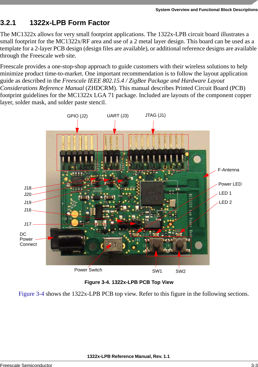 System Overview and Functional Block Descriptions1322x-LPB Reference Manual, Rev. 1.1 Freescale Semiconductor 3-33.2.1 1322x-LPB Form FactorThe MC1322x allows for very small footprint applications. The 1322x-LPB circuit board illustrates a small footprint for the MC1322x/RF area and use of a 2 metal layer design. This board can be used as a template for a 2-layer PCB design (design files are available), or additional reference designs are available through the Freescale web site.Freescale provides a one-stop-shop approach to guide customers with their wireless solutions to help minimize product time-to-market. One important recommendation is to follow the layout application guide as described in the Freescale IEEE 802.15.4 / ZigBee Package and Hardware Layout Considerations Reference Manual (ZHDCRM). This manual describes Printed Circuit Board (PCB) footprint guidelines for the MC1322x LGA 71 package. Included are layouts of the component copper layer, solder mask, and solder paste stencil.Figure 3-4. 1322x-LPB PCB Top ViewFigure 3-4 shows the 1322x-LPB PCB top view. Refer to this figure in the following sections.DC JTAG (J1)UART (J3)GPIO (J2)PowerConnectPower Switch SW1 SW2Power LEDLED 1LED 2F-AntennaJ18J20J19J16J17