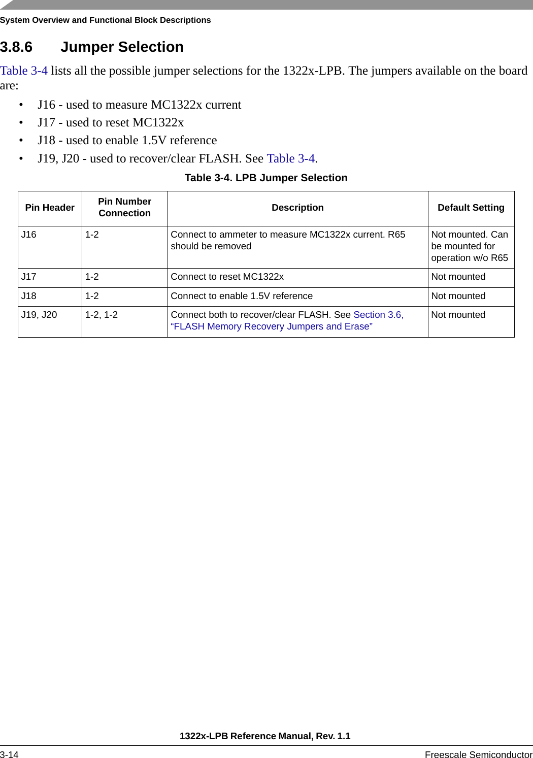 System Overview and Functional Block Descriptions1322x-LPB Reference Manual, Rev. 1.1 3-14 Freescale Semiconductor3.8.6 Jumper SelectionTable 3-4 lists all the possible jumper selections for the 1322x-LPB. The jumpers available on the board are:• J16 - used to measure MC1322x current• J17 - used to reset MC1322x• J18 - used to enable 1.5V reference• J19, J20 - used to recover/clear FLASH. See Table 3-4.Table 3-4. LPB Jumper SelectionPin Header Pin NumberConnection Description Default SettingJ16 1-2 Connect to ammeter to measure MC1322x current. R65 should be removed Not mounted. Can be mounted for operation w/o R65J17 1-2 Connect to reset MC1322x Not mountedJ18 1-2 Connect to enable 1.5V reference Not mountedJ19, J20 1-2, 1-2 Connect both to recover/clear FLASH. See Section 3.6, “FLASH Memory Recovery Jumpers and Erase” Not mounted