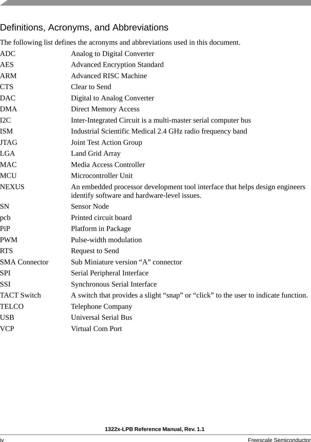 1322x-LPB Reference Manual, Rev. 1.1 iv Freescale Semiconductor Definitions, Acronyms, and AbbreviationsThe following list defines the acronyms and abbreviations used in this document. ADC Analog to Digital ConverterAES Advanced Encryption StandardARM Advanced RISC MachineCTS Clear to SendDAC Digital to Analog ConverterDMA Direct Memory AccessI2C Inter-Integrated Circuit is a multi-master serial computer busISM Industrial Scientific Medical 2.4 GHz radio frequency bandJTAG Joint Test Action GroupLGA Land Grid ArrayMAC Media Access ControllerMCU Microcontroller UnitNEXUS An embedded processor development tool interface that helps design engineers identify software and hardware-level issues. SN Sensor Nodepcb Printed circuit boardPiP Platform in PackagePWM Pulse-width modulation RTS Request to SendSMA Connector Sub Miniature version “A” connector SPI Serial Peripheral InterfaceSSI Synchronous Serial InterfaceTACT Switch A switch that provides a slight “snap” or “click” to the user to indicate function.TELCO Telephone CompanyUSB Universal Serial BusVCP Virtual Com Port