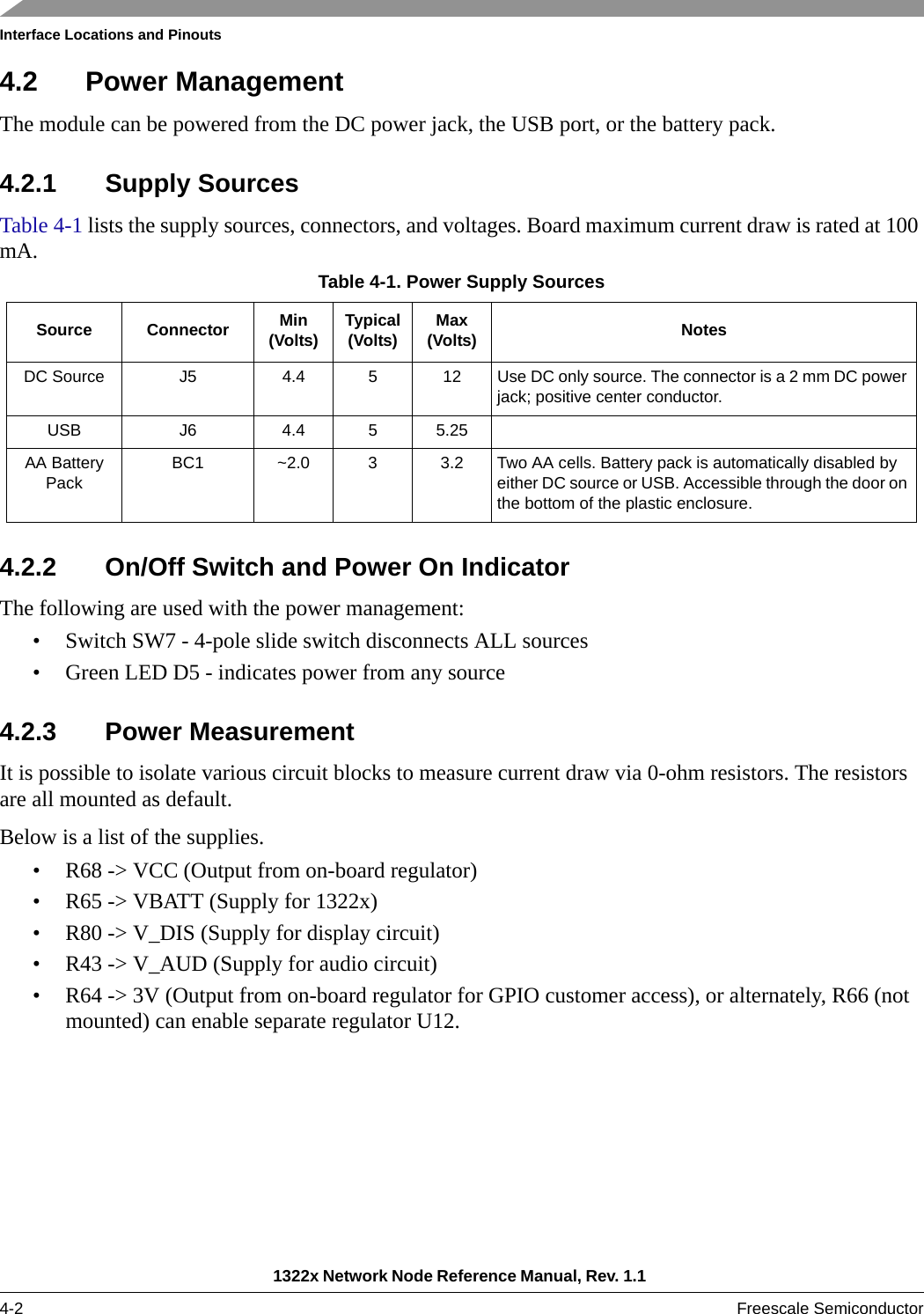 Interface Locations and Pinouts1322x Network Node Reference Manual, Rev. 1.1 4-2 Freescale Semiconductor4.2 Power ManagementThe module can be powered from the DC power jack, the USB port, or the battery pack.4.2.1 Supply SourcesTable 4-1 lists the supply sources, connectors, and voltages. Board maximum current draw is rated at 100 mA.Table 4-1. Power Supply Sources4.2.2 On/Off Switch and Power On IndicatorThe following are used with the power management:• Switch SW7 - 4-pole slide switch disconnects ALL sources• Green LED D5 - indicates power from any source4.2.3 Power MeasurementIt is possible to isolate various circuit blocks to measure current draw via 0-ohm resistors. The resistors are all mounted as default.Below is a list of the supplies.• R68 -&gt; VCC (Output from on-board regulator)• R65 -&gt; VBATT (Supply for 1322x)• R80 -&gt; V_DIS (Supply for display circuit)• R43 -&gt; V_AUD (Supply for audio circuit)• R64 -&gt; 3V (Output from on-board regulator for GPIO customer access), or alternately, R66 (not mounted) can enable separate regulator U12.Source Connector Min(Volts) Typical(Volts) Max(Volts) NotesDC Source J5 4.4 5 12 Use DC only source. The connector is a 2 mm DC power jack; positive center conductor.USB J6 4.4 5 5.25AA Battery PackBC1 ~2.0 3 3.2 Two AA cells. Battery pack is automatically disabled by either DC source or USB. Accessible through the door on the bottom of the plastic enclosure.