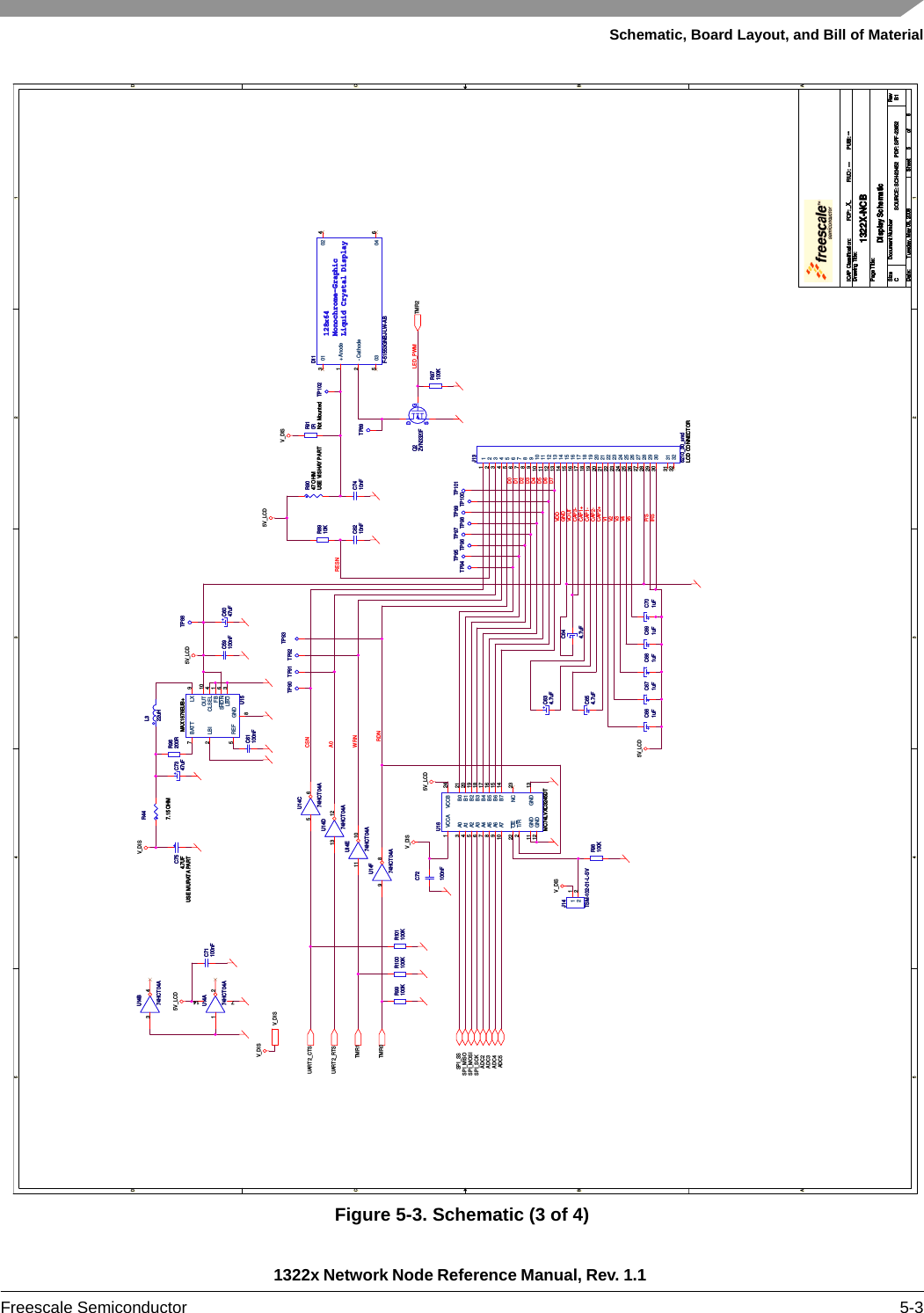 Schematic, Board Layout, and Bill of Material1322x Network Node Reference Manual, Rev. 1.1 Freescale Semiconductor 5-3Figure 5-3. Schematic (3 of 4)5544332211D DC CB BA AP/SIRSLED_PWMRESNVDDD4D3D2D1D0V2V3V4VOUTCAP3-CAP2+CAP2-CAP1-CAP1+V1D5D6D7GNDRDNCSNA0WRNV5ADC4ADC3SPI_MOSISPI_MISOSPI_SSV_DISUART2_CTSTMR1TMR0UART2_RTSADC5TMR2ADC2SPI_SCK5V_LCD5V_LCD5V_LCDV_DIS5V_LCDV_DIS5V_LCDV_DISV_DISV_DISDrawing Title:Size Document Number RevDate: Sheet ofPage Title:ICAP Classification: FCP: FIUO: PUBI:SOURCE: SCH-23452   PDF: SPF-23452 B11322X-NCBCTuesday, May 06, 2008Display Schematic56_X_ ------Drawing Title:Size Document Number RevDate: Sheet ofPage Title:ICAP Classification: FCP: FIUO: PUBI:SOURCE: SCH-23452   PDF: SPF-23452 B11322X-NCBCTuesday, May 06, 2008Display Schematic56_X_ ------Drawing Title:Size Document Number RevDate: Sheet ofPage Title:ICAP Classification: FCP: FIUO: PUBI:SOURCE: SCH-23452   PDF: SPF-23452 B11322X-NCBCTuesday, May 06, 2008Display Schematic56_X_ ------U14B74HCT04AU14B74HCT04A3 4L322uHL322uHR101100KR101100KC754.7UFUSE MURATA PARTC754.7UFUSE MURATA PARTU14C74HCT04AU14C74HCT04A5 6+C6047uF+C6047uFR96200RR96200RTP96TP96C7410nFC7410nFTP91TP91TP101TP101TP102TP102+C701uF+C701uFR100100KR100100KJ136210_30_smdLCD CONNECTORJ136210_30_smdLCD CONNECTOR11223344556677889910101111121213131414151516161717181819192020212122222323242425252626272728282929303031313232TP88TP88TP94TP94TP89TP89U14D74HCT04AU14D74HCT04A13 12TP99TP99R98100KR98100KTP90TP90C72100nFC72100nFC6210nFC6210nFU14A74HCT04AU14A74HCT04A1 2714+C671uF+C671uFR99100KR99100KTP97TP97U15MAX1676EUB+U15MAX1676EUB+GND8LX 9SHDN 6FB 1BATT7LBO 3REF5OUT 10CLSEL 4LBI2GDSQ2ZVN3320FGDSQ2ZVN3320F+C634.7uF+C634.7uFR9047 OHMUSE VISHAY PARTR9047 OHMUSE VISHAY PARTU14E74HCT04AU14E74HCT04A11 10+C661uF+C661uF128x64Monochrome-GraphicLiquid Crystal DisplayD11F-51553GNBJ-LW-AB128x64Monochrome-GraphicLiquid Crystal DisplayD11F-51553GNBJ-LW-AB01302 403504 6+ Anode1- Cathode2C59100nFC59100nFTP95TP95+C681uF+C681uFR447.15 OHMR447.15 OHMTP100TP100U14F74HCT04AU14F74HCT04A9 8C61100nFC61100nFR910RNot MountedR910RNot MountedTP93TP93U16MC74LVXC3245DTU16MC74LVXC3245DTA14A25A36A47A58A69A710A03OE22T/R2B1 20B2 19B3 18B4 17B5 16B6 15B7 14B0 21VCCB 24GND 13GND11GND12VCCA1NC 23R8910KR8910K+C7347uF+C7347uF+C644.7uF+C644.7uFTP98TP98R97100KR97100KC71100nFC71100nF+C654.7uF+C654.7uFTP92TP92+C691uF+C691uFJ14TSM-102-01-L-SVJ14TSM-102-01-L-SV1122