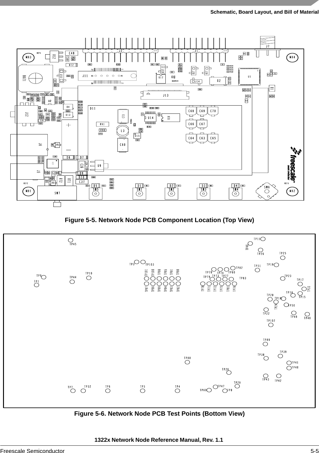 Schematic, Board Layout, and Bill of Material1322x Network Node Reference Manual, Rev. 1.1 Freescale Semiconductor 5-5Figure 5-5. Network Node PCB Component Location (Top View)Figure 5-6. Network Node PCB Test Points (Bottom View)
