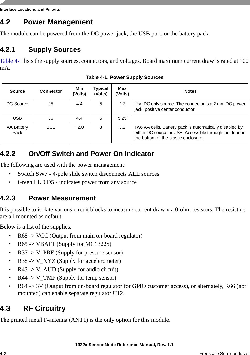 Interface Locations and Pinouts1322x Sensor Node Reference Manual, Rev. 1.1 4-2 Freescale Semiconductor4.2 Power ManagementThe module can be powered from the DC power jack, the USB port, or the battery pack.4.2.1 Supply SourcesTable 4-1 lists the supply sources, connectors, and voltages. Board maximum current draw is rated at 100 mA.4.2.2 On/Off Switch and Power On IndicatorThe following are used with the power management:• Switch SW7 - 4-pole slide switch disconnects ALL sources• Green LED D5 - indicates power from any source4.2.3 Power MeasurementIt is possible to isolate various circuit blocks to measure current draw via 0-ohm resistors. The resistors are all mounted as default.Below is a list of the supplies.• R68 -&gt; VCC (Output from main on-board regulator)• R65 -&gt; VBATT (Supply for MC1322x)• R37 -&gt; V_PRE (Supply for pressure sensor)• R38 -&gt; V_XYZ (Supply for accelerometer)• R43 -&gt; V_AUD (Supply for audio circuit)• R44 -&gt; V_TMP (Supply for temp sensor)• R64 -&gt; 3V (Output from on-board regulator for GPIO customer access), or alternately, R66 (not mounted) can enable separate regulator U12.4.3 RF CircuitryThe printed metal F-antenna (ANT1) is the only option for this module.Table 4-1. Power Supply SourcesSource Connector Min(Volts) Typical(Volts) Max(Volts) NotesDC Source J5 4.4 5 12 Use DC only source. The connector is a 2 mm DC power jack; positive center conductor.USB J6 4.4 5 5.25AA Battery Pack BC1 ~2.0 3 3.2 Two AA cells. Battery pack is automatically disabled by either DC source or USB. Accessible through the door on the bottom of the plastic enclosure.