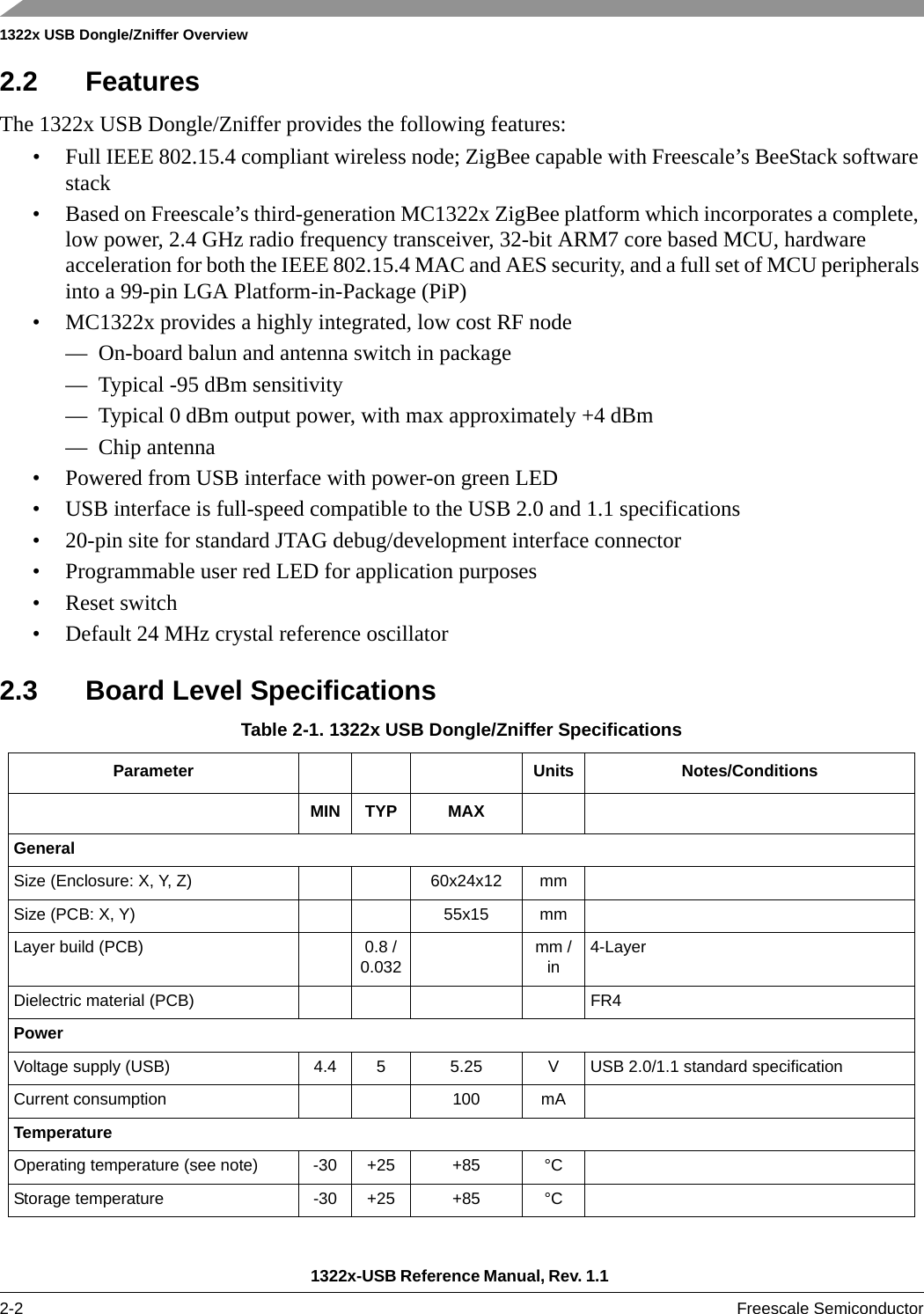 1322x USB Dongle/Zniffer Overview1322x-USB Reference Manual, Rev. 1.1 2-2 Freescale Semiconductor2.2 FeaturesThe 1322x USB Dongle/Zniffer provides the following features:• Full IEEE 802.15.4 compliant wireless node; ZigBee capable with Freescale’s BeeStack software stack• Based on Freescale’s third-generation MC1322x ZigBee platform which incorporates a complete, low power, 2.4 GHz radio frequency transceiver, 32-bit ARM7 core based MCU, hardware acceleration for both the IEEE 802.15.4 MAC and AES security, and a full set of MCU peripherals into a 99-pin LGA Platform-in-Package (PiP)• MC1322x provides a highly integrated, low cost RF node— On-board balun and antenna switch in package— Typical -95 dBm sensitivity— Typical 0 dBm output power, with max approximately +4 dBm— Chip antenna• Powered from USB interface with power-on green LED• USB interface is full-speed compatible to the USB 2.0 and 1.1 specifications• 20-pin site for standard JTAG debug/development interface connector• Programmable user red LED for application purposes• Reset switch• Default 24 MHz crystal reference oscillator2.3 Board Level SpecificationsTable 2-1. 1322x USB Dongle/Zniffer SpecificationsParameter Units Notes/ConditionsMIN TYP MAXGeneralSize (Enclosure: X, Y, Z) 60x24x12 mmSize (PCB: X, Y) 55x15 mmLayer build (PCB) 0.8 /0.032 mm / in 4-LayerDielectric material (PCB) FR4PowerVoltage supply (USB) 4.4 5 5.25 V USB 2.0/1.1 standard specificationCurrent consumption 100 mATemperatureOperating temperature (see note) -30 +25 +85 °CStorage temperature -30 +25 +85 °C