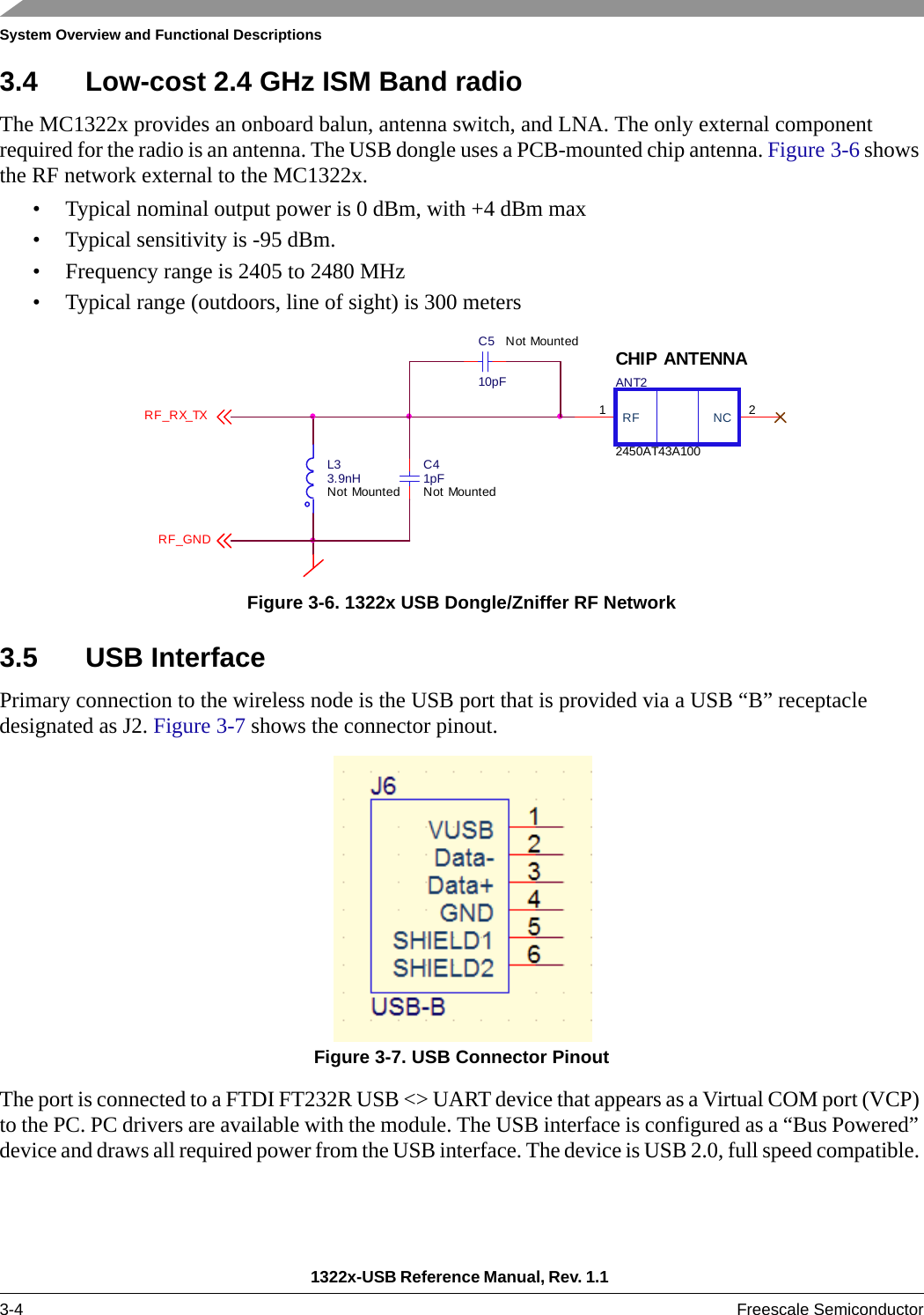 System Overview and Functional Descriptions1322x-USB Reference Manual, Rev. 1.1 3-4 Freescale Semiconductor3.4 Low-cost 2.4 GHz ISM Band radioThe MC1322x provides an onboard balun, antenna switch, and LNA. The only external component required for the radio is an antenna. The USB dongle uses a PCB-mounted chip antenna. Figure 3-6 shows the RF network external to the MC1322x.• Typical nominal output power is 0 dBm, with +4 dBm max• Typical sensitivity is -95 dBm.• Frequency range is 2405 to 2480 MHz• Typical range (outdoors, line of sight) is 300 metersFigure 3-6. 1322x USB Dongle/Zniffer RF Network3.5 USB InterfacePrimary connection to the wireless node is the USB port that is provided via a USB “B” receptacle designated as J2. Figure 3-7 shows the connector pinout.Figure 3-7. USB Connector PinoutThe port is connected to a FTDI FT232R USB &lt;&gt; UART device that appears as a Virtual COM port (VCP) to the PC. PC drivers are available with the module. The USB interface is configured as a “Bus Powered” device and draws all required power from the USB interface. The device is USB 2.0, full speed compatible.  RF_RX_TXCHIP ANTENNAL33.9nHNot MountedNC 2RF1ANT22450AT43A100C41pFNot MountedC510pFNot MountedRF_GND
