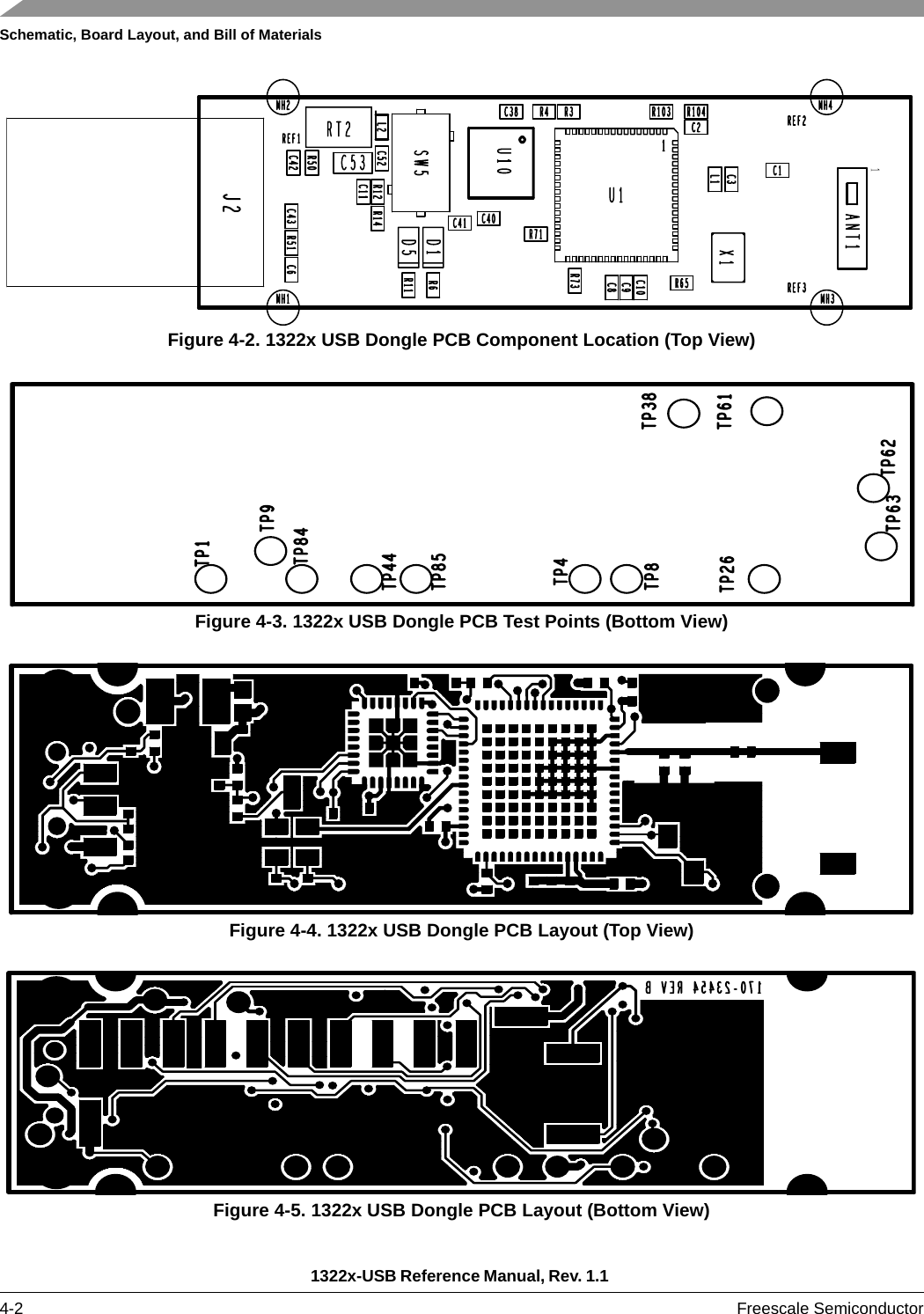Schematic, Board Layout, and Bill of Materials1322x-USB Reference Manual, Rev. 1.1 4-2 Freescale SemiconductorFigure 4-2. 1322x USB Dongle PCB Component Location (Top View)Figure 4-3. 1322x USB Dongle PCB Test Points (Bottom View)Figure 4-4. 1322x USB Dongle PCB Layout (Top View)Figure 4-5. 1322x USB Dongle PCB Layout (Bottom View)