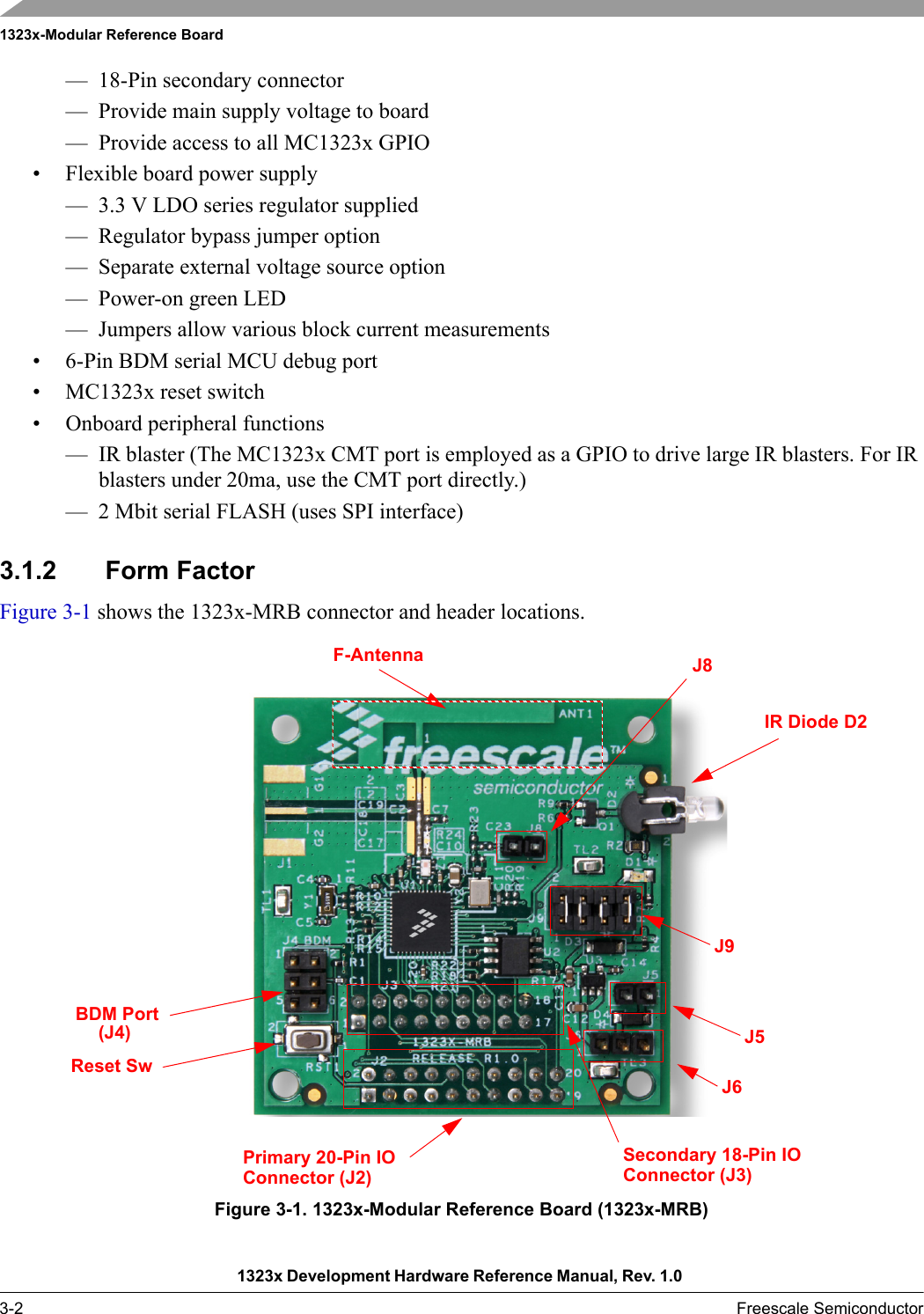 1323x-Modular Reference Board1323x Development Hardware Reference Manual, Rev. 1.0 3-2 Freescale Semiconductor— 18-Pin secondary connector— Provide main supply voltage to board— Provide access to all MC1323x GPIO• Flexible board power supply— 3.3 V LDO series regulator supplied— Regulator bypass jumper option— Separate external voltage source option— Power-on green LED— Jumpers allow various block current measurements• 6-Pin BDM serial MCU debug port• MC1323x reset switch• Onboard peripheral functions— IR blaster (The MC1323x CMT port is employed as a GPIO to drive large IR blasters. For IR blasters under 20ma, use the CMT port directly.)— 2 Mbit serial FLASH (uses SPI interface)3.1.2 Form FactorFigure 3-1 shows the 1323x-MRB connector and header locations.Figure 3-1. 1323x-Modular Reference Board (1323x-MRB)BDM PortReset SwPrimary 20-Pin IOConnector (J2)J6(J4) J5Secondary 18-Pin IOConnector (J3)J9J8F-AntennaIR Diode D2