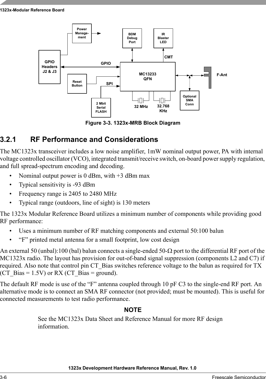 1323x-Modular Reference Board1323x Development Hardware Reference Manual, Rev. 1.0 3-6 Freescale SemiconductorFigure 3-3. 1323x-MRB Block Diagram3.2.1 RF Performance and ConsiderationsThe MC1323x transceiver includes a low noise amplifier, 1mW nominal output power, PA with internal voltage controlled oscillator (VCO), integrated transmit/receive switch, on-board power supply regulation, and full spread-spectrum encoding and decoding.• Nominal output power is 0 dBm, with +3 dBm max• Typical sensitivity is -93 dBm• Frequency range is 2405 to 2480 MHz• Typical range (outdoors, line of sight) is 130 metersThe 1323x Modular Reference Board utilizes a minimum number of components while providing good RF performance:• Uses a minimum number of RF matching components and external 50:100 balun• “F” printed metal antenna for a small footprint, low cost designAn external 50 (unbal):100 (bal) balun connects a single-ended 50-Ω port to the differential RF port of the MC1323x radio. The layout has provision for out-of-band signal suppression (components L2 and C7) if required. Also note that control pin CT_Bias switches reference voltage to the balun as required for TX (CT_Bias = 1.5V) or RX (CT_Bias = ground).The default RF mode is use of the “F” antenna coupled through 10 pF C3 to the single-end RF port. An alternative mode is to connect an SMA RF connector (not provided; must be mounted). This is useful for connected measurements to test radio performance.NOTESee the MC1323x Data Sheet and Reference Manual for more RF design information.32 MHz 32.768KHzMC13233QFNBDMDebugPortCMTGPIOSPIIRBlasterLED2 MbitSerialFLASHResetButtonGPIOHeadersJ2 &amp; J3OptionalSMAConnF-AntPowerManage-ment