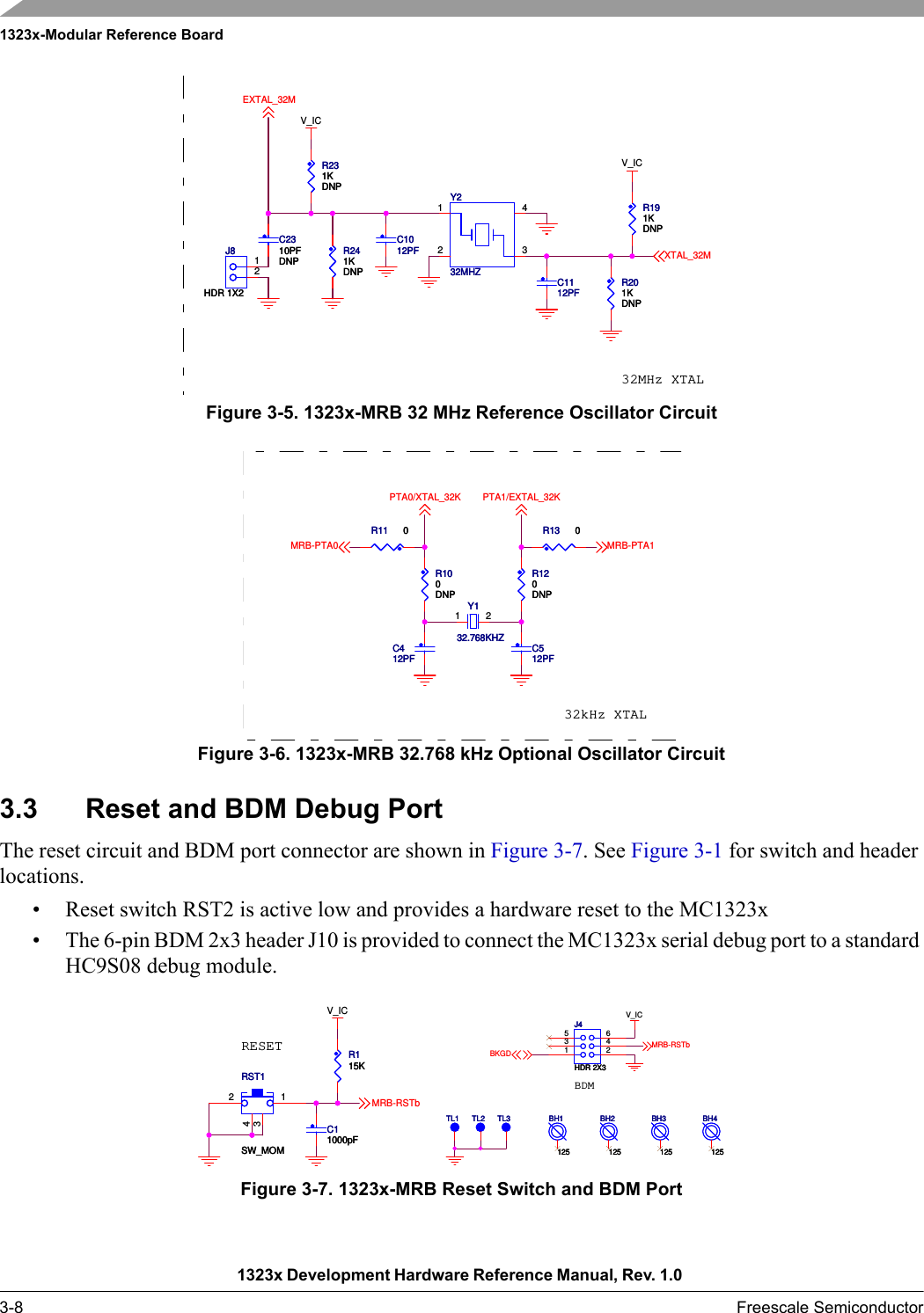 1323x-Modular Reference Board1323x Development Hardware Reference Manual, Rev. 1.0 3-8 Freescale SemiconductorFigure 3-5. 1323x-MRB 32 MHz Reference Oscillator CircuitFigure 3-6. 1323x-MRB 32.768 kHz Optional Oscillator Circuit3.3 Reset and BDM Debug PortThe reset circuit and BDM port connector are shown in Figure 3-7. See Figure 3-1 for switch and header locations.• Reset switch RST2 is active low and provides a hardware reset to the MC1323x• The 6-pin BDM 2x3 header J10 is provided to connect the MC1323x serial debug port to a standard HC9S08 debug module.Figure 3-7. 1323x-MRB Reset Switch and BDM Port32MHz XTALV_ICV_ICXTAL_32MEXTAL_32MC1012PFC1012PFC1112PFC1112PFR241KDNPR241KDNPR191KDNPR191KDNPR201KDNPR201KDNPY232MHZY232MHZ1 432C2310PFDNPC2310PFDNPJ8HDR 1X2J8HDR 1X212R231KDNPR231KDNP32kHz XTALMRB-PTA1MRB-PTA0PTA1/EXTAL_32KPTA0/XTAL_32KR13 0R13 0Y132.768KHZY132.768KHZ21C412PFC412PFR100DNPR100DNPR11 0R11 0R120DNPR120DNPC512PFC512PFRESETV_ICMRB-RSTbC11000pFC11000pFRST1SW_MOMRST1SW_MOM1234R115KR115KBDMV_ICBKGDMRB-RSTbBH1125BH1125TL1TL1 BH3125BH3125J4HDR 2X3J4HDR 2X31 23 465BH2125BH2125TL2TL2 BH4125BH4125TL3TL3