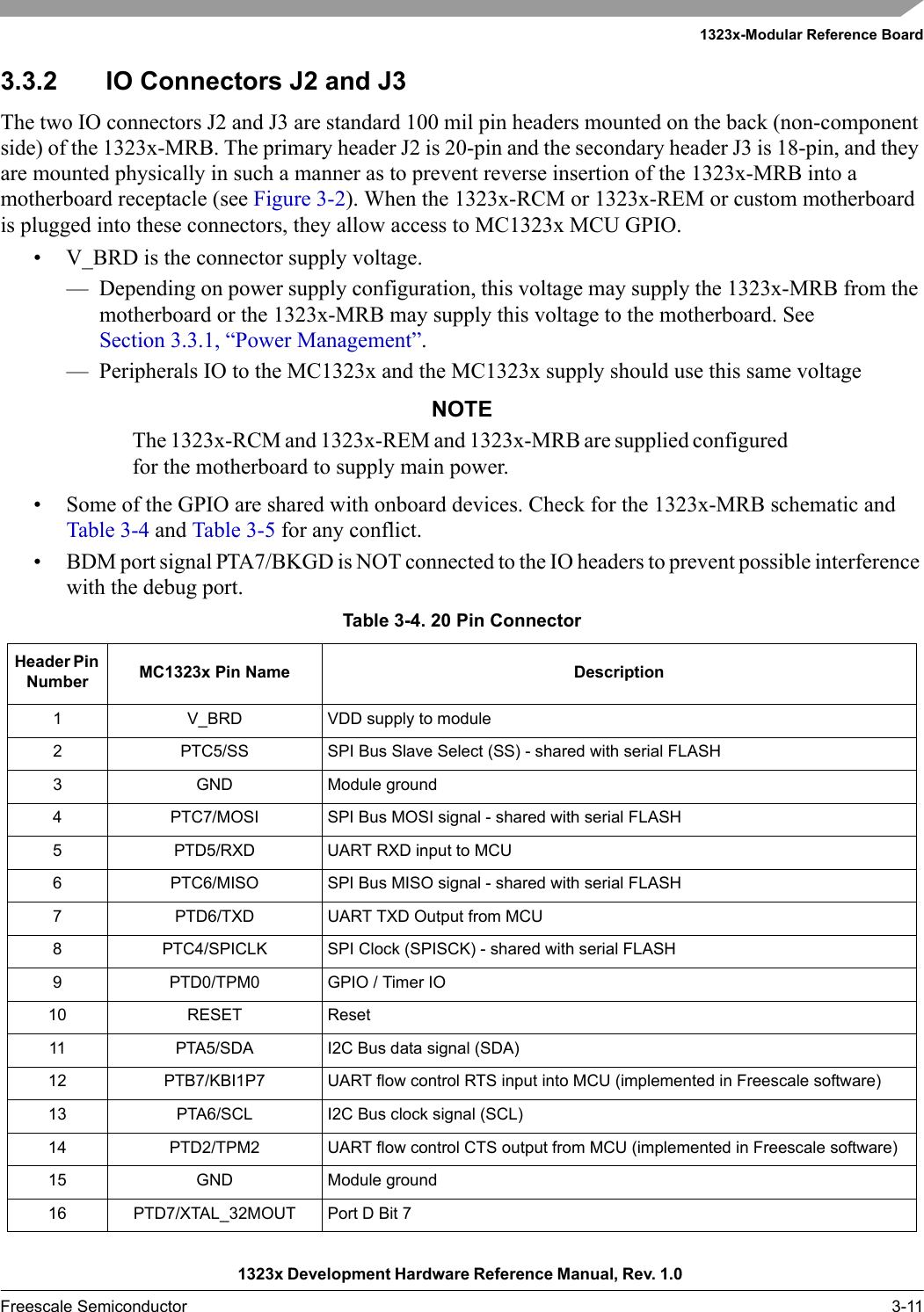 1323x-Modular Reference Board1323x Development Hardware Reference Manual, Rev. 1.0 Freescale Semiconductor 3-113.3.2 IO Connectors J2 and J3The two IO connectors J2 and J3 are standard 100 mil pin headers mounted on the back (non-component side) of the 1323x-MRB. The primary header J2 is 20-pin and the secondary header J3 is 18-pin, and they are mounted physically in such a manner as to prevent reverse insertion of the 1323x-MRB into a motherboard receptacle (see Figure 3-2). When the 1323x-RCM or 1323x-REM or custom motherboard is plugged into these connectors, they allow access to MC1323x MCU GPIO.• V_BRD is the connector supply voltage.— Depending on power supply configuration, this voltage may supply the 1323x-MRB from the motherboard or the 1323x-MRB may supply this voltage to the motherboard. See Section 3.3.1, “Power Management”.— Peripherals IO to the MC1323x and the MC1323x supply should use this same voltageNOTEThe 1323x-RCM and 1323x-REM and 1323x-MRB are supplied configured for the motherboard to supply main power.• Some of the GPIO are shared with onboard devices. Check for the 1323x-MRB schematic and Table 3-4 and Table 3-5 for any conflict.• BDM port signal PTA7/BKGD is NOT connected to the IO headers to prevent possible interference with the debug port.Table 3-4. 20 Pin ConnectorHeader Pin Number MC1323x Pin Name Description1 V_BRD VDD supply to module2 PTC5/SS SPI Bus Slave Select (SS) - shared with serial FLASH3 GND Module ground4 PTC7/MOSI SPI Bus MOSI signal - shared with serial FLASH5 PTD5/RXD UART RXD input to MCU6 PTC6/MISO SPI Bus MISO signal - shared with serial FLASH7 PTD6/TXD UART TXD Output from MCU8 PTC4/SPICLK SPI Clock (SPISCK) - shared with serial FLASH9 PTD0/TPM0 GPIO / Timer IO10 RESET Reset11 PTA5/SDA I2C Bus data signal (SDA)12 PTB7/KBI1P7 UART flow control RTS input into MCU (implemented in Freescale software)13 PTA6/SCL I2C Bus clock signal (SCL)14 PTD2/TPM2 UART flow control CTS output from MCU (implemented in Freescale software)15 GND Module ground16 PTD7/XTAL_32MOUT Port D Bit 7