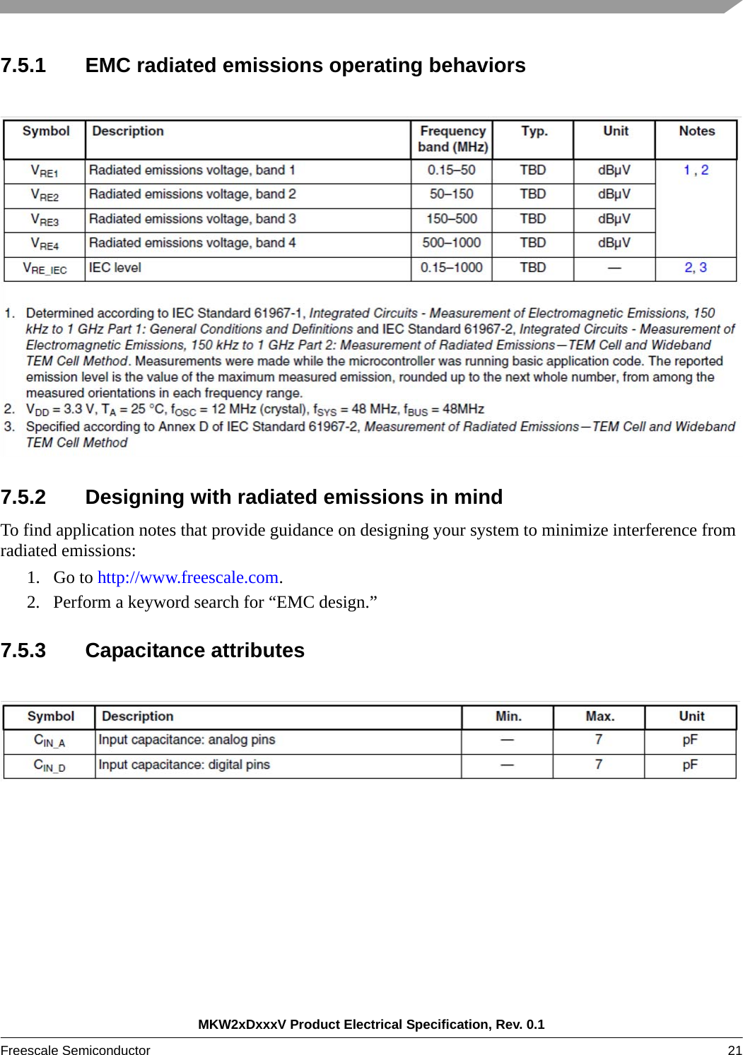 MKW2xDxxxV Product Electrical Specification, Rev. 0.1Freescale Semiconductor 21 7.5.1 EMC radiated emissions operating behaviors7.5.2 Designing with radiated emissions in mindTo find application notes that provide guidance on designing your system to minimize interference from radiated emissions:1. Go to http://www.freescale.com.2. Perform a keyword search for “EMC design.”7.5.3 Capacitance attributes