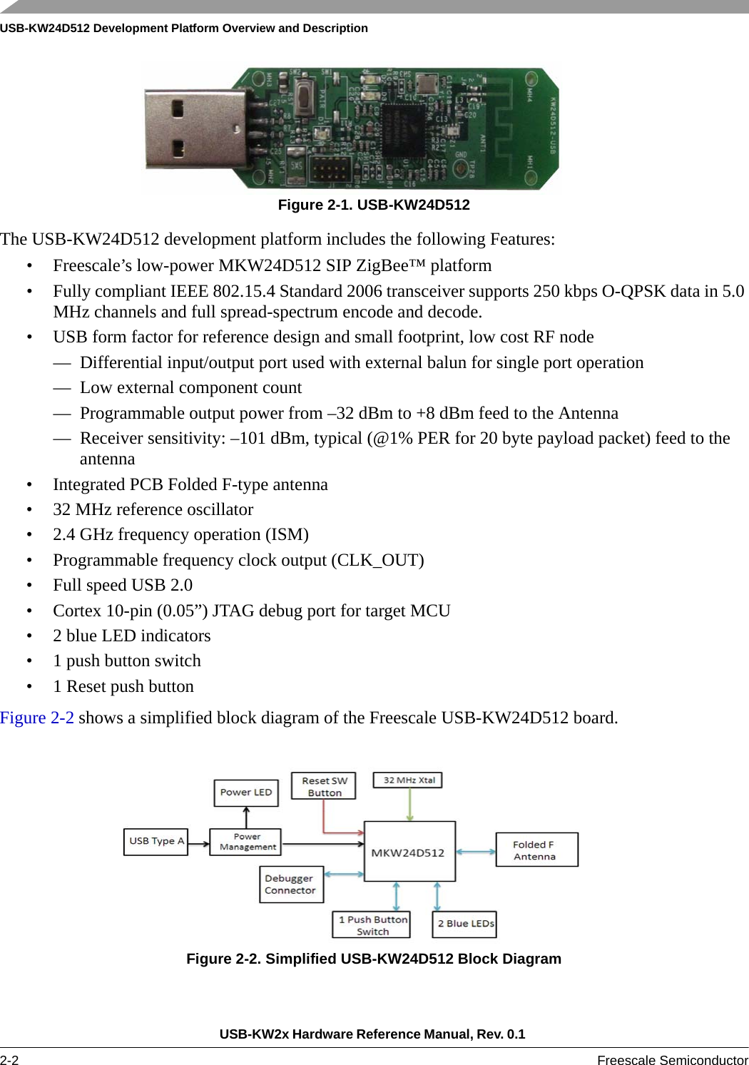USB-KW24D512 Development Platform Overview and DescriptionUSB-KW2x Hardware Reference Manual, Rev. 0.1 2-2 Freescale SemiconductorFigure 2-1. USB-KW24D512The USB-KW24D512 development platform includes the following Features:• Freescale’s low-power MKW24D512 SIP ZigBee™ platform• Fully compliant IEEE 802.15.4 Standard 2006 transceiver supports 250 kbps O-QPSK data in 5.0 MHz channels and full spread-spectrum encode and decode.• USB form factor for reference design and small footprint, low cost RF node— Differential input/output port used with external balun for single port operation— Low external component count — Programmable output power from –32 dBm to +8 dBm feed to the Antenna— Receiver sensitivity: –101 dBm, typical (@1% PER for 20 byte payload packet) feed to the antenna• Integrated PCB Folded F-type antenna• 32 MHz reference oscillator• 2.4 GHz frequency operation (ISM)• Programmable frequency clock output (CLK_OUT)• Full speed USB 2.0 • Cortex 10-pin (0.05”) JTAG debug port for target MCU• 2 blue LED indicators• 1 push button switch• 1 Reset push buttonFigure 2-2 shows a simplified block diagram of the Freescale USB-KW24D512 board.Figure 2-2. Simplified USB-KW24D512 Block Diagram 