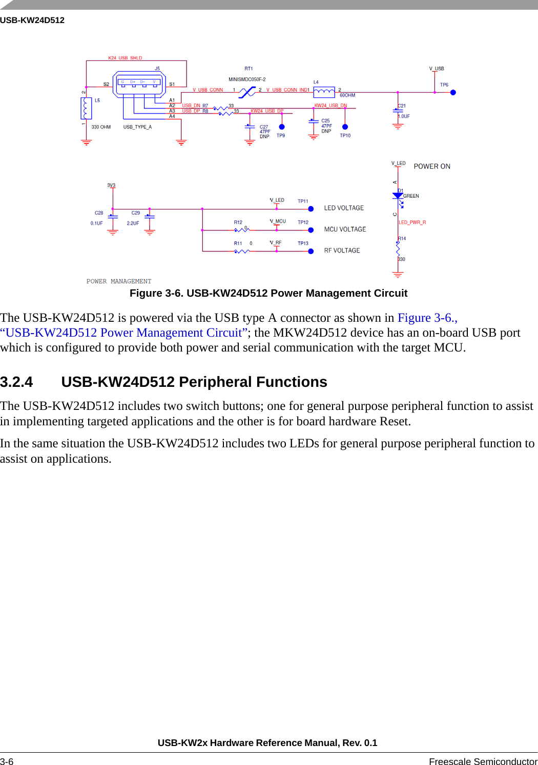 USB-KW24D512USB-KW2x Hardware Reference Manual, Rev. 0.1 3-6 Freescale SemiconductorFigure 3-6. USB-KW24D512 Power Management CircuitThe USB-KW24D512 is powered via the USB type A connector as shown in Figure 3-6., “USB-KW24D512 Power Management Circuit”; the MKW24D512 device has an on-board USB port which is configured to provide both power and serial communication with the target MCU.3.2.4 USB-KW24D512 Peripheral FunctionsThe USB-KW24D512 includes two switch buttons; one for general purpose peripheral function to assist in implementing targeted applications and the other is for board hardware Reset.In the same situation the USB-KW24D512 includes two LEDs for general purpose peripheral function to assist on applications.