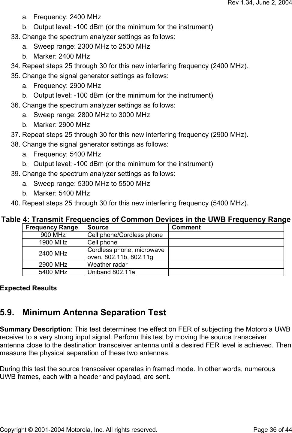   Rev 1.34, June 2, 2004  Copyright © 2001-2004 Motorola, Inc. All rights reserved.    Page 36 of 44 a.  Frequency: 2400 MHz b.  Output level: -100 dBm (or the minimum for the instrument) 33. Change the spectrum analyzer settings as follows: a.  Sweep range: 2300 MHz to 2500 MHz b.  Marker: 2400 MHz  34. Repeat steps 25 through 30 for this new interfering frequency (2400 MHz). 35. Change the signal generator settings as follows: a.  Frequency: 2900 MHz b.  Output level: -100 dBm (or the minimum for the instrument) 36. Change the spectrum analyzer settings as follows: a.  Sweep range: 2800 MHz to 3000 MHz b.  Marker: 2900 MHz  37. Repeat steps 25 through 30 for this new interfering frequency (2900 MHz). 38. Change the signal generator settings as follows: a.  Frequency: 5400 MHz b.  Output level: -100 dBm (or the minimum for the instrument) 39. Change the spectrum analyzer settings as follows: a.  Sweep range: 5300 MHz to 5500 MHz b.  Marker: 5400 MHz  40. Repeat steps 25 through 30 for this new interfering frequency (5400 MHz).  Table 4: Transmit Frequencies of Common Devices in the UWB Frequency Range Frequency Range  Source  Comment 900 MHz  Cell phone/Cordless phone   1900 MHz  Cell phone   2400 MHz  Cordless phone, microwave oven, 802.11b, 802.11g  2900 MHz  Weather radar   5400 MHz  Uniband 802.11a    Expected Results  5.9.  Minimum Antenna Separation Test  Summary Description: This test determines the effect on FER of subjecting the Motorola UWB receiver to a very strong input signal. Perform this test by moving the source transceiver antenna close to the destination transceiver antenna until a desired FER level is achieved. Then measure the physical separation of these two antennas.  During this test the source transceiver operates in framed mode. In other words, numerous UWB frames, each with a header and payload, are sent.  