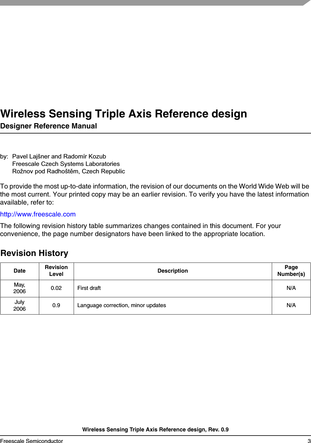 Wireless Sensing Triple Axis Reference design, Rev. 0.9Freescale Semiconductor 3Wireless Sensing Triple Axis Reference designDesigner Reference Manualby: Pavel Lajšner and Radomír KozubFreescale Czech Systems LaboratoriesRožnov pod RadhoštČm, Czech RepublicTo provide the most up-to-date information, the revision of our documents on the World Wide Web will be the most current. Your printed copy may be an earlier revision. To verify you have the latest information available, refer to:http://www.freescale.comThe following revision history table summarizes changes contained in this document. For your convenience, the page number designators have been linked to the appropriate location.Revision HistoryDate RevisionLevel Description PageNumber(s)May,2006 0.02 First draft N/AJuly2006 0.9 Language correction, minor updates N/A