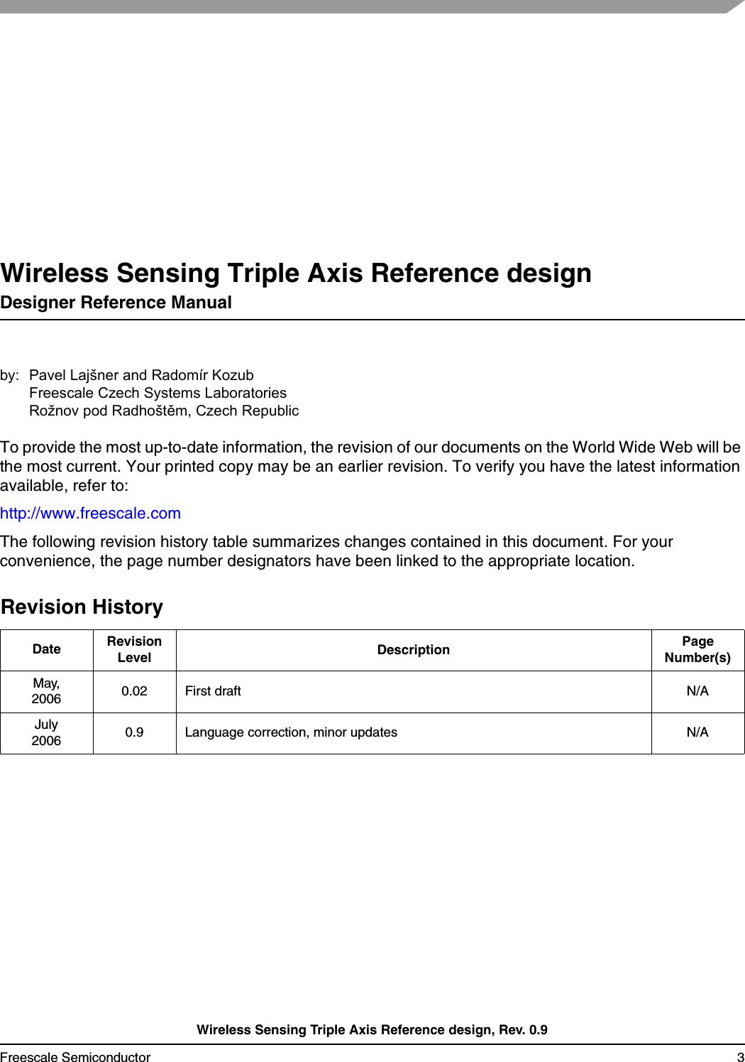 Wireless Sensing Triple Axis Reference design, Rev. 0.9Freescale Semiconductor 3Wireless Sensing Triple Axis Reference designDesigner Reference Manualby: Pavel Lajšner and Radomír KozubFreescale Czech Systems LaboratoriesRožnov pod Radhoštěm, Czech RepublicTo provide the most up-to-date information, the revision of our documents on the World Wide Web will be the most current. Your printed copy may be an earlier revision. To verify you have the latest information available, refer to:http://www.freescale.comThe following revision history table summarizes changes contained in this document. For your convenience, the page number designators have been linked to the appropriate location.Revision HistoryDate RevisionLevel Description PageNumber(s)May,2006 0.02 First draft N/AJuly2006 0.9 Language correction, minor updates N/A