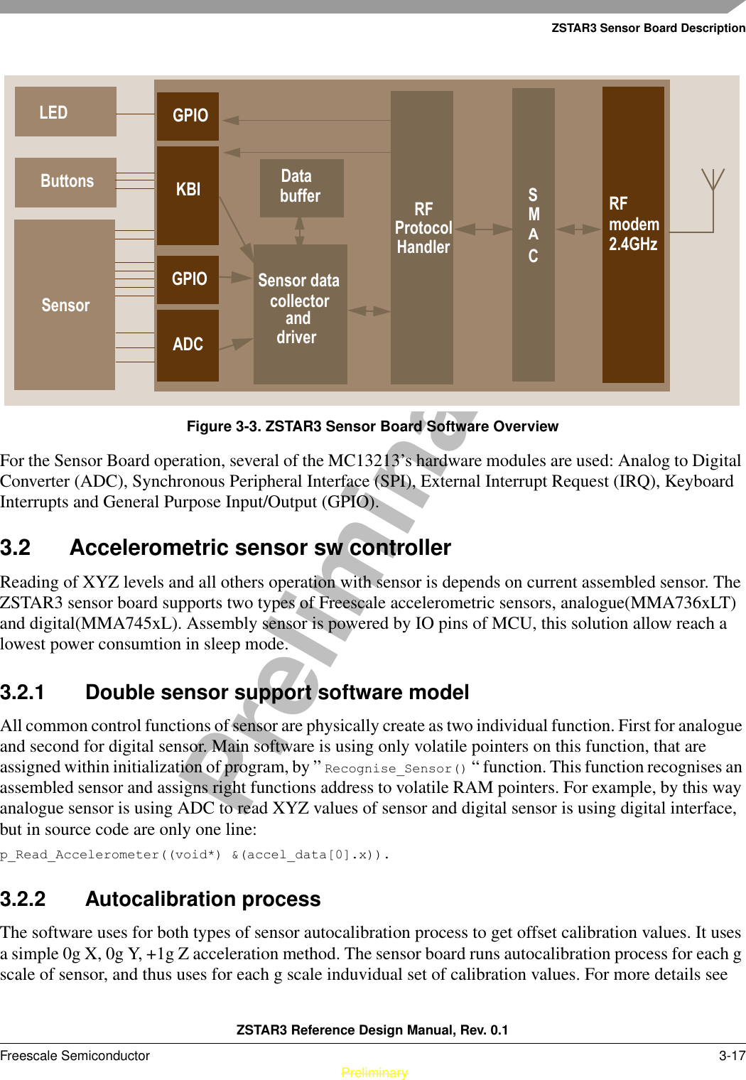ZSTAR3 Sensor Board DescriptionZSTAR3 Reference Design Manual, Rev. 0.1Freescale Semiconductor 3-17 PreliminaryPreliminaryFigure 3-3. ZSTAR3 Sensor Board Software OverviewFor the Sensor Board operation, several of the MC13213’s hardware modules are used: Analog to Digital Converter (ADC), Synchronous Peripheral Interface (SPI), External Interrupt Request (IRQ), Keyboard Interrupts and General Purpose Input/Output (GPIO).3.2 Accelerometric sensor sw controllerReading of XYZ levels and all others operation with sensor is depends on current assembled sensor. The ZSTAR3 sensor board supports two types of Freescale accelerometric sensors, analogue(MMA736xLT) and digital(MMA745xL). Assembly sensor is powered by IO pins of MCU, this solution allow reach a lowest power consumtion in sleep mode.3.2.1 Double sensor support software modelAll common control functions of sensor are physically create as two individual function. First for analogue and second for digital sensor. Main software is using only volatile pointers on this function, that are assigned within initialization of program, by ” Recognise_Sensor() “ function. This function recognises an assembled sensor and assigns right functions address to volatile RAM pointers. For example, by this way analogue sensor is using ADC to read XYZ values of sensor and digital sensor is using digital interface, but in source code are only one line: p_Read_Accelerometer((void*) &amp;(accel_data[0].x)).3.2.2 Autocalibration processThe software uses for both types of sensor autocalibration process to get offset calibration values. It uses a simple 0g X, 0g Y, +1g Z acceleration method. The sensor board runs autocalibration process for each g scale of sensor, and thus uses for each g scale induvidual set of calibration values. For more details see GPIOADCKBISensorButtonsGPIOSensor data   collectorDatabuffer RFmodem2.4GHzSMACLEDRFProtocolHandleranddriver