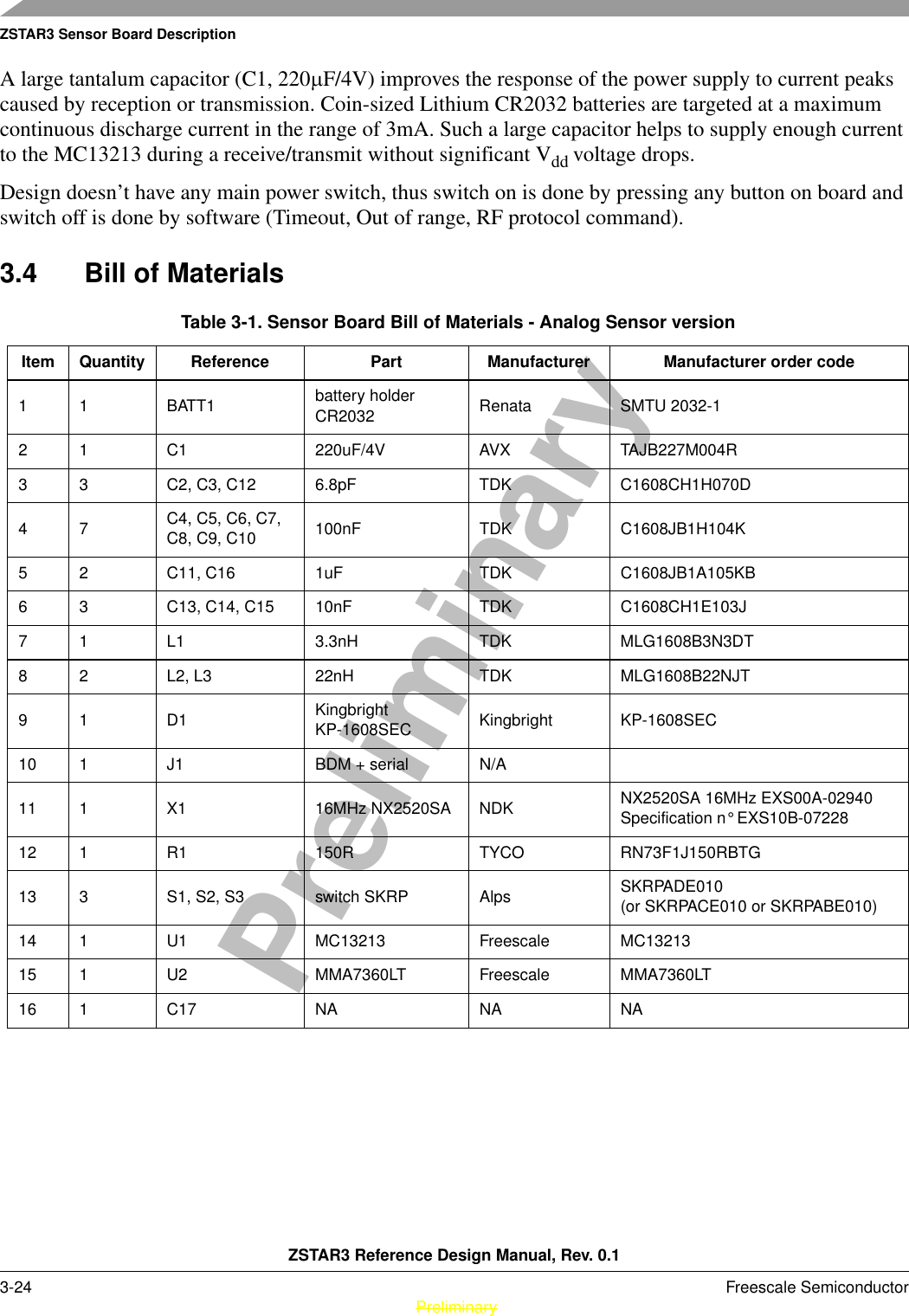 ZSTAR3 Sensor Board DescriptionZSTAR3 Reference Design Manual, Rev. 0.13-24 Freescale Semiconductor PreliminaryPreliminaryA large tantalum capacitor (C1, 220µF/4V) improves the response of the power supply to current peaks caused by reception or transmission. Coin-sized Lithium CR2032 batteries are targeted at a maximum continuous discharge current in the range of 3mA. Such a large capacitor helps to supply enough current to the MC13213 during a receive/transmit without significant Vdd voltage drops.Design doesn’t have any main power switch, thus switch on is done by pressing any button on board and switch off is done by software (Timeout, Out of range, RF protocol command).3.4 Bill of MaterialsTable 3-1. Sensor Board Bill of Materials - Analog Sensor versionItem Quantity Reference Part Manufacturer Manufacturer order code11 BATT1 battery holder CR2032 Renata SMTU 2032-12 1 C1 220uF/4V AVX TAJB227M004R3 3 C2, C3, C12 6.8pF TDK C1608CH1H070D47 C4, C5, C6, C7, C8, C9, C10 100nF TDK C1608JB1H104K5 2 C11, C16 1uF TDK C1608JB1A105KB6 3 C13, C14, C15 10nF TDK C1608CH1E103J7 1 L1 3.3nH TDK MLG1608B3N3DT8 2 L2, L3 22nH TDK MLG1608B22NJT91 D1 Kingbright KP-1608SEC  Kingbright KP-1608SEC 10 1 J1 BDM + serial N/A11 1 X1 16MHz NX2520SA NDK NX2520SA 16MHz EXS00A-02940Specification n° EXS10B-0722812 1 R1 150R TYCO RN73F1J150RBTG13 3 S1, S2, S3 switch SKRP Alps SKRPADE010(or SKRPACE010 or SKRPABE010)14 1 U1 MC13213 Freescale MC1321315 1 U2 MMA7360LT Freescale MMA7360LT16 1 C17 NA NA NA