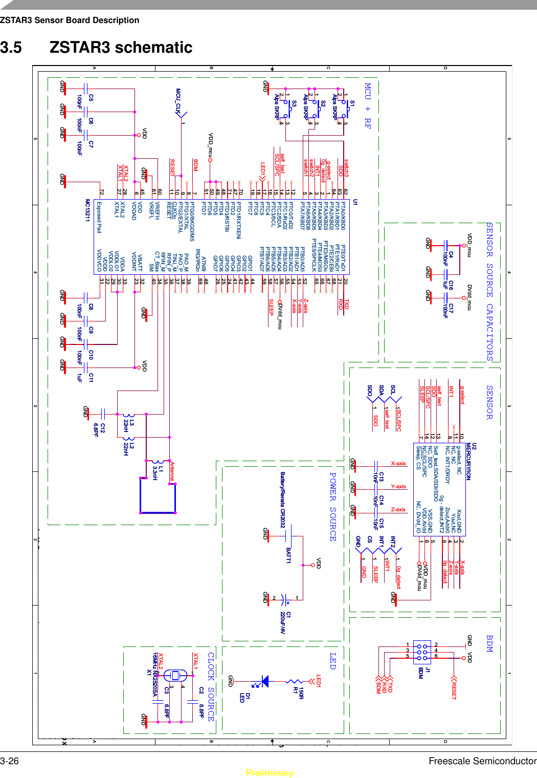 ZSTAR3 Sensor Board DescriptionZSTAR3 Reference Design Manual, Rev. 0.13-26 Freescale Semiconductor PreliminaryPreliminary3.5 ZSTAR3 schematic5544332211D DC CB BA AXTAL2XTAL1AntennaXTAL1XTAL2RESETTXDRXDBDMZ-axisY-axisX-axisSLEEPX-axisY-axisZ-axisX-axis0g_detectself_testg-selectSLEEPself_testINT1SDOSCL/SPCSCL/SPCY-axisZ-axisswitch1SDOswitch3switch2INT10g_detectg-selectSDOself_testSCL/SPC 0g_detectINT1SLEEPGNDGNDGNDGNDGNDGND GND GNDVDDVDDGNDGNDGND GND GNDGNDGND VDDVDD_mcuGNDGNDGND GND GNDGNDVDDGNDGNDVDD_mcuGNDDVdd_mcuGNDDVdd_mcuVDD_mcuDVdd_mcuRXDTXDRESETBDMLED1LED1TitleSizeDesign Name:RevModify Date: Sheet ofSchematic Name:Copyright FreescalePOPI Status:Author:0ZSTAR3Freescale Semiconductor Roznov CSC1. maje 1009756 61 Roznov p.R., Czech Republic, EuropeA411Friday, November 16, 2007SCHEMATIC1General Business InformationPetr Gargulak2005D:\CCWORK\B01119_VIEW_DEV\ICONN\IC116 - ZSTAR2 - LOW-COST 2.4GHZ AND XTitleSizeDesign Name:RevModify Date: Sheet ofSchematic Name:Copyright FreescalePOPI Status:Author:0ZSTAR3Freescale Semiconductor Roznov CSC1. maje 1009756 61 Roznov p.R., Czech Republic, EuropeA411Friday, November 16, 2007SCHEMATIC1General Business InformationPetr Gargulak2005D:\CCWORK\B01119_VIEW_DEV\ICONN\IC116 - ZSTAR2 - LOW-COST 2.4GHZ AND XTitleSizeDesign Name:RevModify Date: Sheet ofSchematic Name:Copyright FreescalePOPI Status:Author:0ZSTAR3Freescale Semiconductor Roznov CSC1. maje 1009756 61 Roznov p.R., Czech Republic, EuropeA411Friday, November 16, 2007SCHEMATIC1General Business InformationPetr Gargulak2005D:\CCWORK\B01119_VIEW_DEV\ICONN\IC116 - ZSTAR2 - LOW-COST 2.4GHZ AND XBDMSENSORLEDMCU + RFPOWER SOURCECLOCK SOURCESENSOR SOURCE CAPACITORSSDASDA 1SCLSCL 1INT2INT2 1C4100nFC4100nFC161uFC161uFBATT1Battery/Renata CR2032BATT1Battery/Renata CR2032R1150RR1150RC1310nFC1310nFJ1BDMJ1BDM1 23 465L13.3nHL13.3nHD1LEDD1LEDC2 6.8PFC2 6.8PFMCU_CLKMCU_CLK 1C126.8PFC126.8PFC5100nFC5100nFL322nHL322nHC3 6.8PFC3 6.8PFINT1INT1 1GNDGND 1S2Alps SKRPS2Alps SKRP1 342C1510nFC1510nFC1410nFC1410nFL222nHL222nHC111uFC111uF+C1220uF/4V+C1220uF/4V12C7100nFC7100nFC10100nFC10100nFX116MHz NX2520SAX116MHz NX2520SA1234U2MERCURY/IONU2MERCURY/IONVDD,AVdd 6VSS,GND 5Xout,GND 2Yout,NC 3Zout,Addr0 40g - detect,INT2 9Self_test,SDA/SDI/SDO13g-select, NC10Sleep, CS7NC, DVdd_IO 1NC, INT1/DRDY8NC, NC11NC, SDO12NC,SCL/SPC14C6100nFC6100nFC9100nFC9100nFS1Alps SKRPS1Alps SKRP1 342C8100nFC8100nFS3Alps SKRPS3Alps SKRP1 342SDOSDO 1U1MC13211U1MC13211PTE0/TxD1 20PTA3/KBD31VREFH60VREFL61PTA0/KBD062PTA1/KBD163PTA2/KBD264PTC618PTC719PTE1/RxD1 21PTA4/KBD42PTA5/KBD53PTA6/KBD64PTA7/KBD75VDDAD6CLKOo10PTG0/BKGD/MS7PTG1/XTAL8PTG2/EXTAL9RESET11PTC0/TxD212PTC1/RxD213PTC2/SDA14PTC3/SCL15PTC416PTC517XTAL228VDDLO2 29VDDLO1 30VDDVCO 31VBATT 32VDDA 33CT_Bias 34RFIN_M 35PTB0/AD0 52PTB1/AD1 53PTB2/AD2 54PTB3/AD3 55PTB4/AD4 56PTB5/AD5 57PTB6/AD6 58PTB7/AD7 59GPIO1 44VDD45ATNBi 46PTD247PTD448PTD549PTD650PTD751RFIN_P 36TINJ_M 37PAO_P 38PAO_M 39SM 40GPIO4 41GPIO3 42GPIO2 43GPIO5 24GPIO6 25GPIO7 26XTAL127VDDINT 23VDDD 22PTE5/SPICLK 65PTE4/MOSIi 66PTE3/MISOo 67PTE2/CEBi 68IRQ/IRQo 69PTD1/RXTXENi70PTD3/RSTBi71Exposed Pad72C17100nFC17100nFCSCS 1