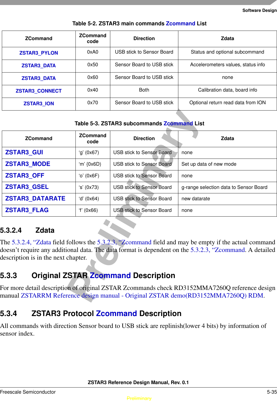 Software DesignZSTAR3 Reference Design Manual, Rev. 0.1Freescale Semiconductor 5-35 PreliminaryPreliminary5.3.2.4 ZdataThe 5.3.2.4, “Zdata field follows the 5.3.2.3, “Zcommand field and may be empty if the actual command doesn’t require any additional data. The data format is dependent on the 5.3.2.3, “Zcommand. A detailed description is in the next chapter.5.3.3 Original ZSTAR Zcommand DescriptionFor more detail description of original ZSTAR Zcommands check RD3152MMA7260Q reference design manual ZSTARRM Reference design manual - Original ZSTAR demo(RD3152MMA7260Q) RDM. 5.3.4 ZSTAR3 Protocol Zcommand DescriptionAll commands with direction Sensor board to USB stick are replinish(lower 4 bits) by information of sensor index.Table 5-2. ZSTAR3 main commands Zcommand ListZCommand ZCommand code Direction ZdataZSTAR3_PYLON 0xA0 USB stick to Sensor Board Status and optional subcommandZSTAR3_DATA 0x50 Sensor Board to USB stick Accelerometers values, status infoZSTAR3_DATA 0x60 Sensor Board to USB stick noneZSTAR3_CONNECT 0x40 Both Calibration data, board infoZSTAR3_ION 0x70 Sensor Board to USB stick Optional return read data from IONTable 5-3. ZSTAR3 subcommands Zcommand ListZCommand ZCommand code Direction ZdataZSTAR3_GUI ‘g’ (0x67) USB stick to Sensor Board noneZSTAR3_MODE ‘m’ {0x6D) USB stick to Sensor Board Set up data of new modeZSTAR3_OFF ‘o’ (0x6F) USB stick to Sensor Board noneZSTAR3_GSEL ‘s’ (0x73) USB stick to Sensor Board g-range selection data to Sensor BoardZSTAR3_DATARATE ‘d’ (0x64) USB stick to Sensor Board new datarateZSTAR3_FLAG ‘f’ (0x66) USB stick to Sensor Board none