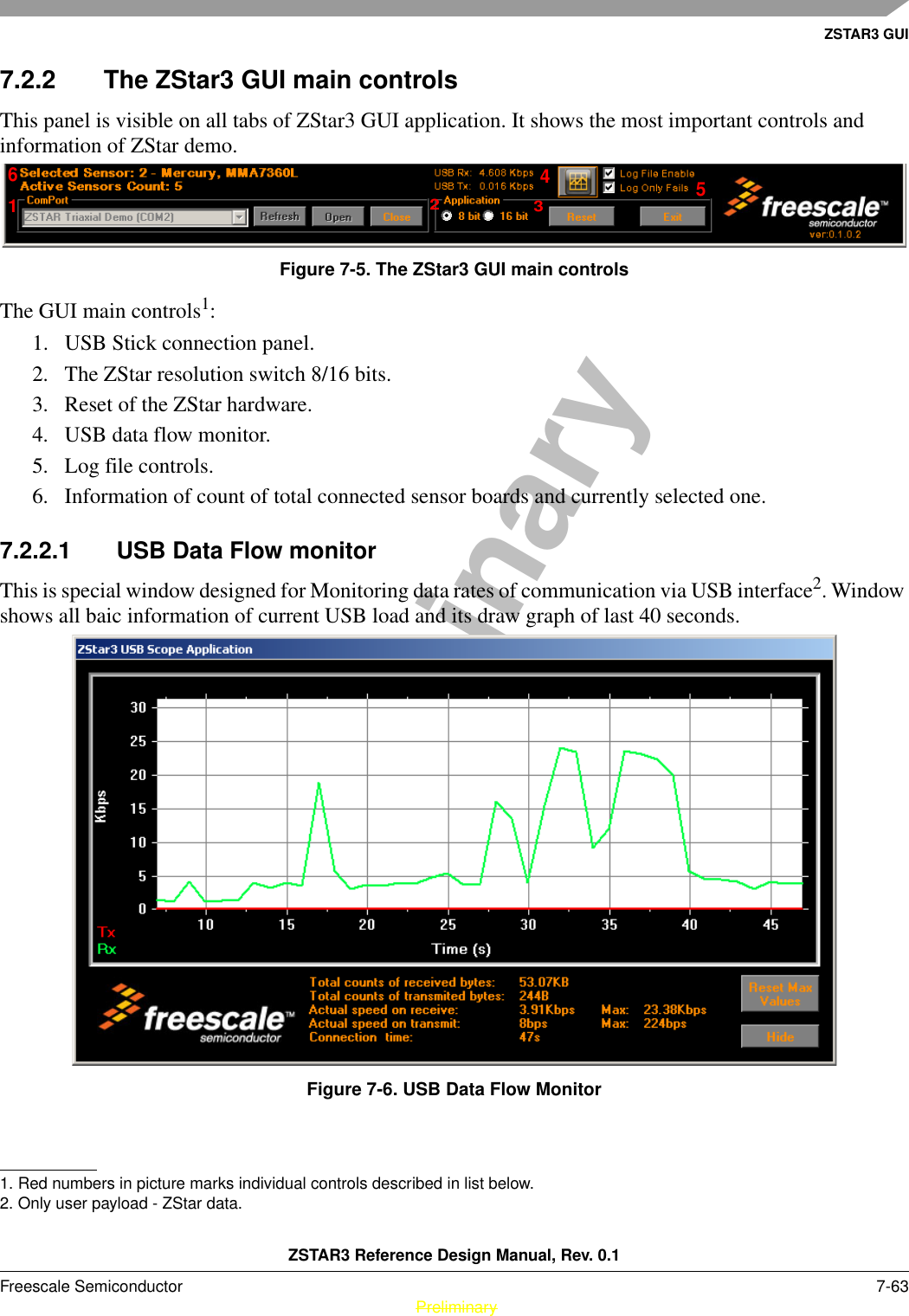 ZSTAR3 GUIZSTAR3 Reference Design Manual, Rev. 0.1Freescale Semiconductor 7-63 PreliminaryPreliminary7.2.2 The ZStar3 GUI main controlsThis panel is visible on all tabs of ZStar3 GUI application. It shows the most important controls and information of ZStar demo.Figure 7-5. The ZStar3 GUI main controlsThe GUI main controls1: 1. USB Stick connection panel.2. The ZStar resolution switch 8/16 bits.3. Reset of the ZStar hardware.4. USB data flow monitor.5. Log file controls.6. Information of count of total connected sensor boards and currently selected one.7.2.2.1 USB Data Flow monitorThis is special window designed for Monitoring data rates of communication via USB interface2. Window shows all baic information of current USB load and its draw graph of last 40 seconds.Figure 7-6. USB Data Flow Monitor1. Red numbers in picture marks individual controls described in list below.2. Only user payload - ZStar data.123456